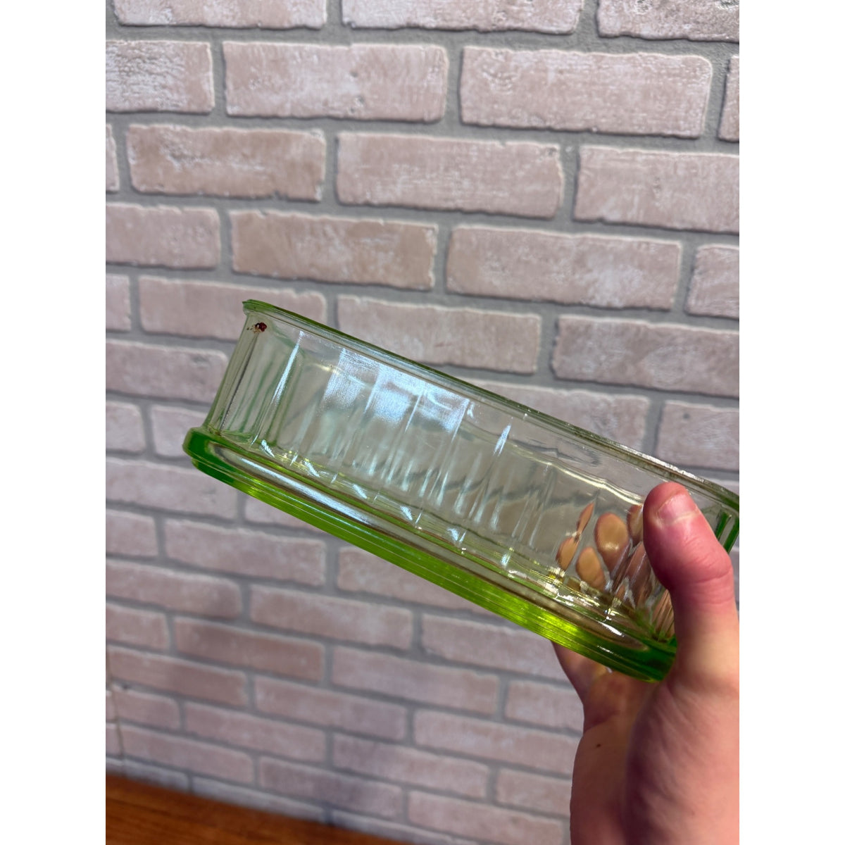 1930s Uranium Glass Kitchen Refrigerator Storage Box Glows W/ Lid Green Depression