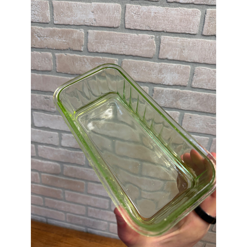 1930s Uranium Glass Kitchen Refrigerator Storage Box Glows W/ Lid Green Depression