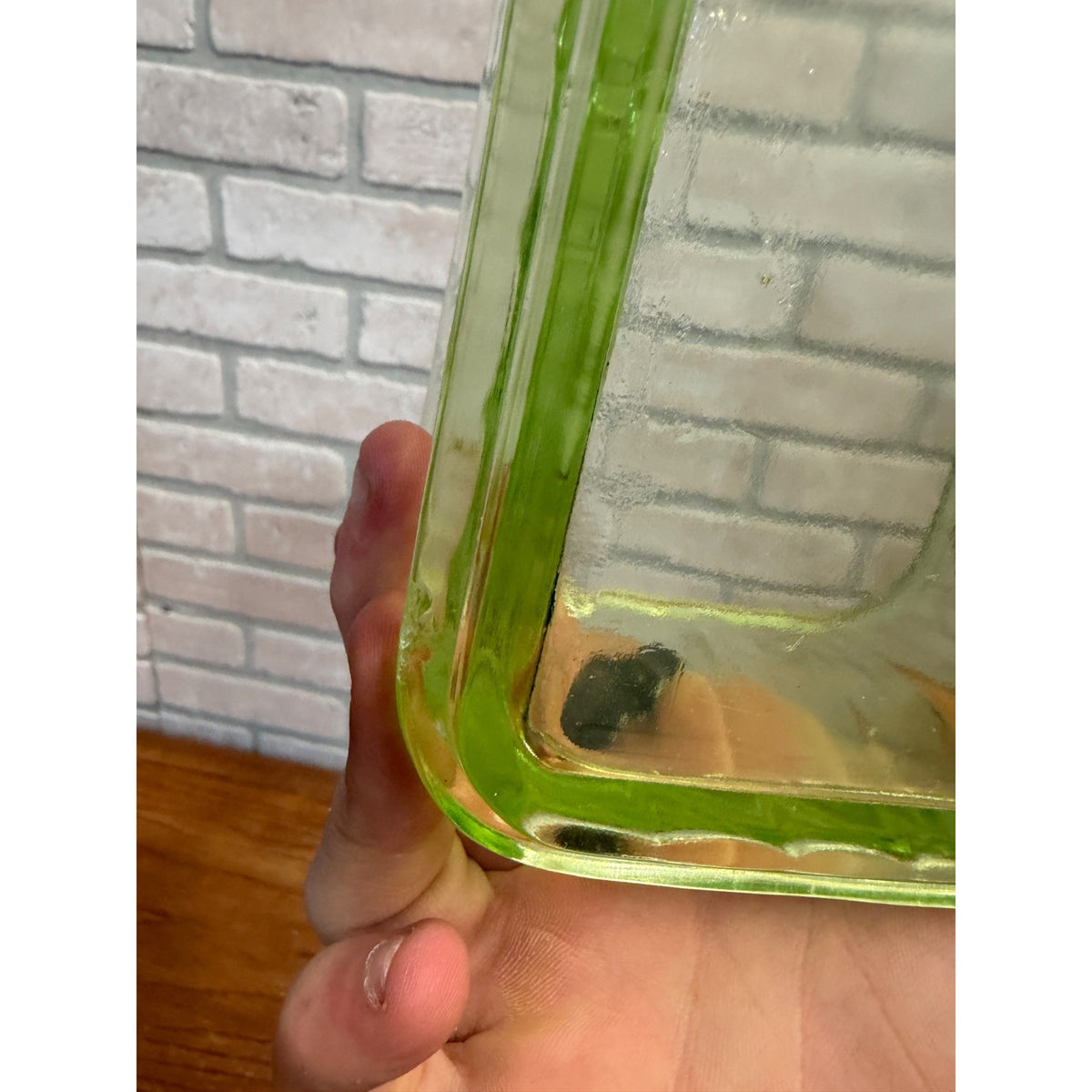 1930s Uranium Glass Kitchen Refrigerator Storage Box Glows W/ Lid Green Depression