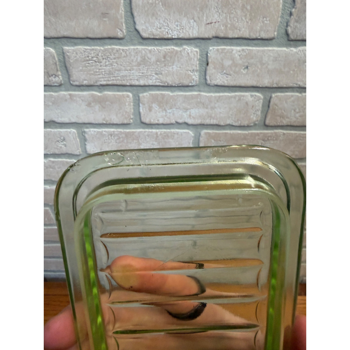 1930s Uranium Glass Kitchen Refrigerator Storage Box Glows W/ Lid Green Depression