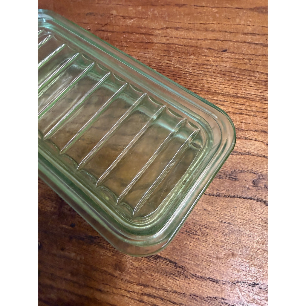 1930s Uranium Glass Kitchen Refrigerator Storage Box Glows W/ Lid Green Depression