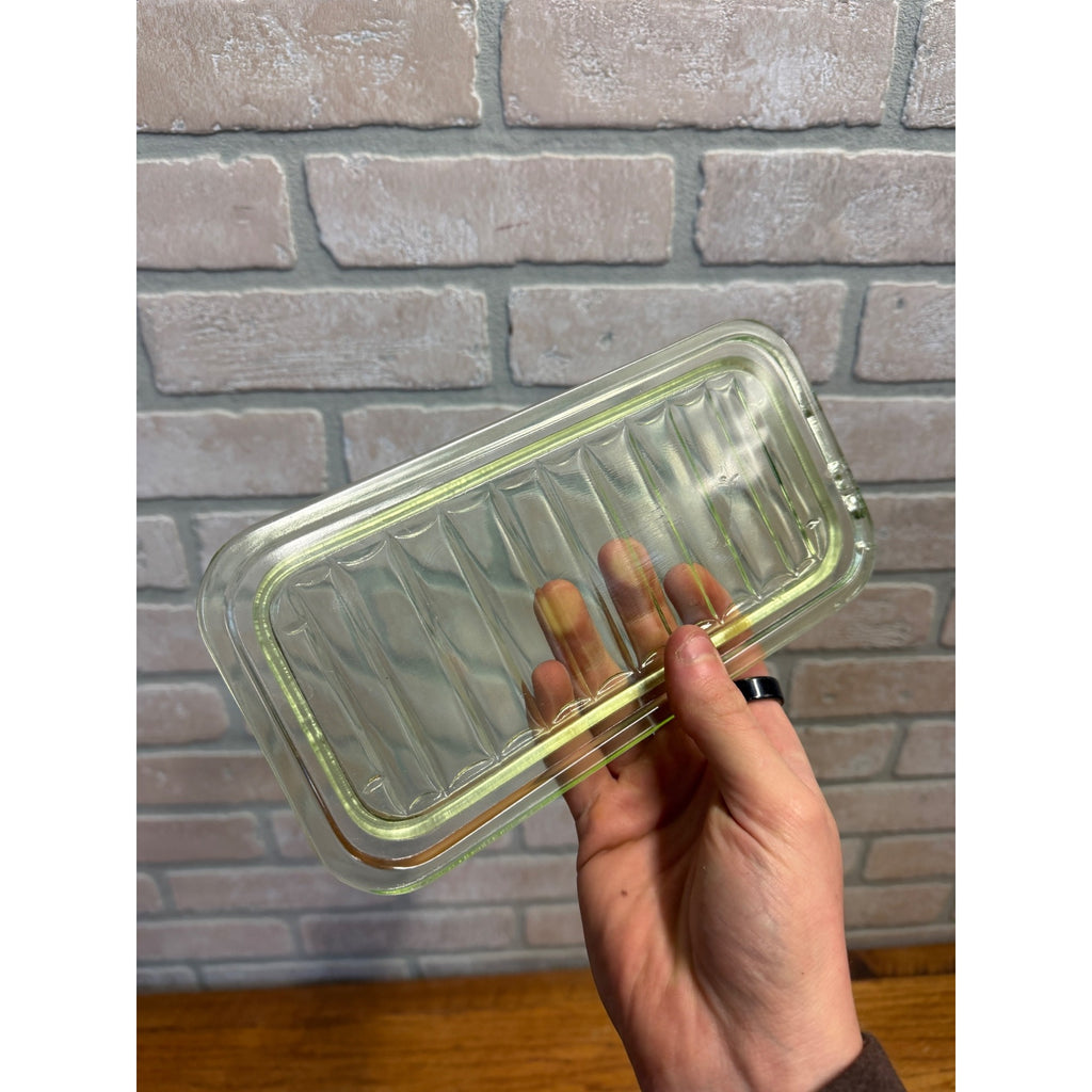 1930s Uranium Glass Kitchen Refrigerator Storage Box Glows W/ Lid Green Depression