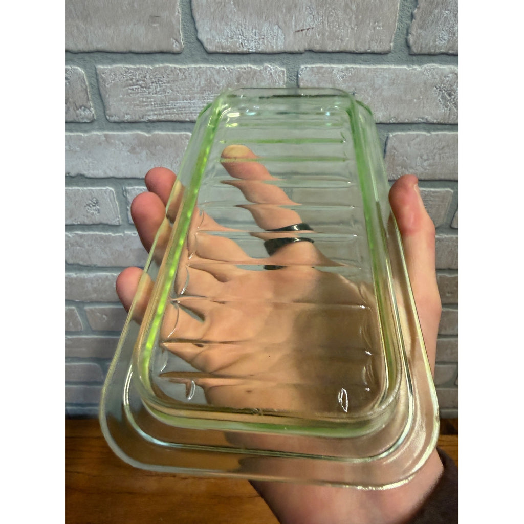 1930s Uranium Glass Kitchen Refrigerator Storage Box Glows W/ Lid Green Depression