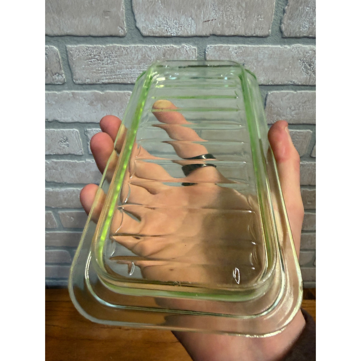 1930s Uranium Glass Kitchen Refrigerator Storage Box Glows W/ Lid Green Depression