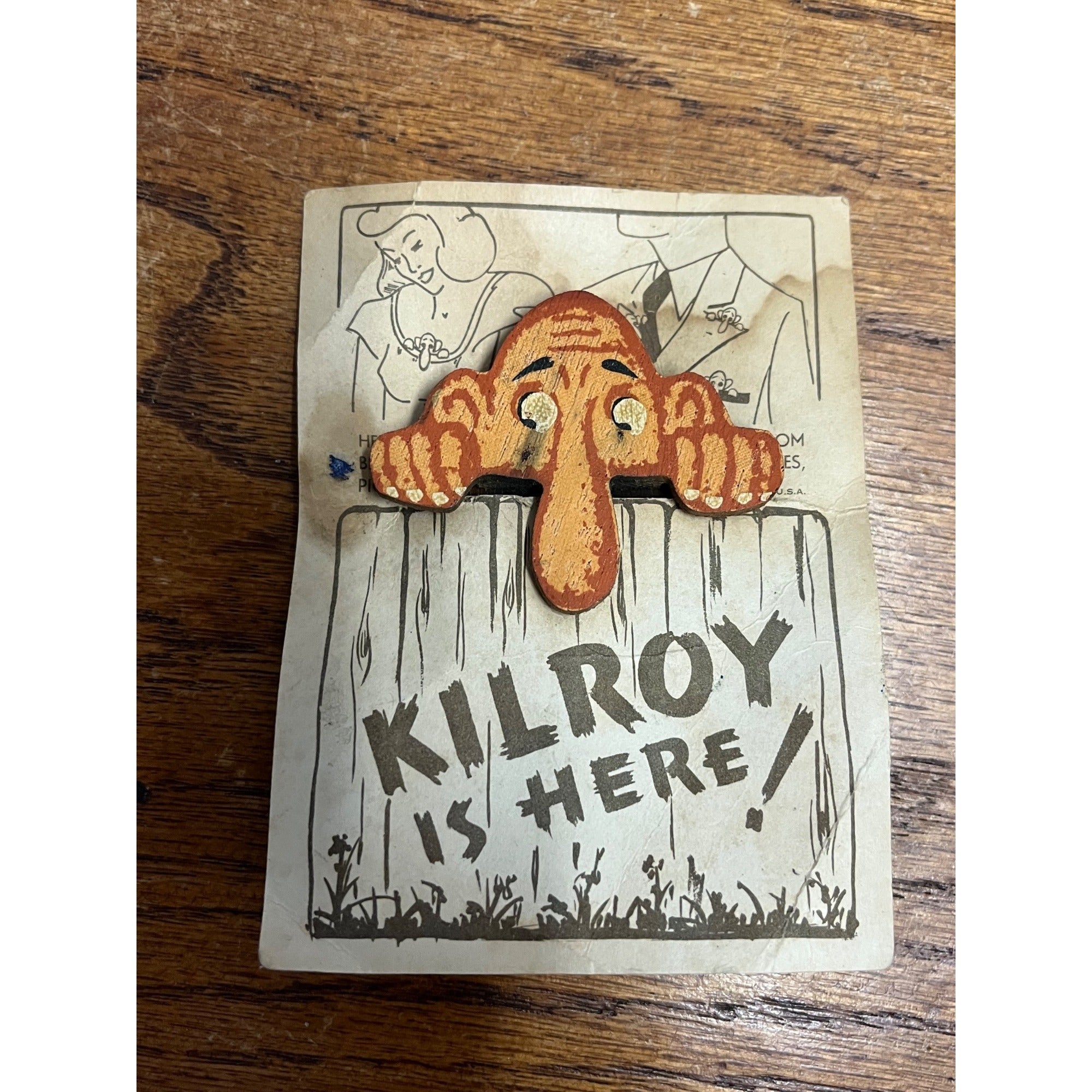 WWII Wooden Kilroy Was Here Pocket Peeper Peekie On Original Card WW2 Vintage
