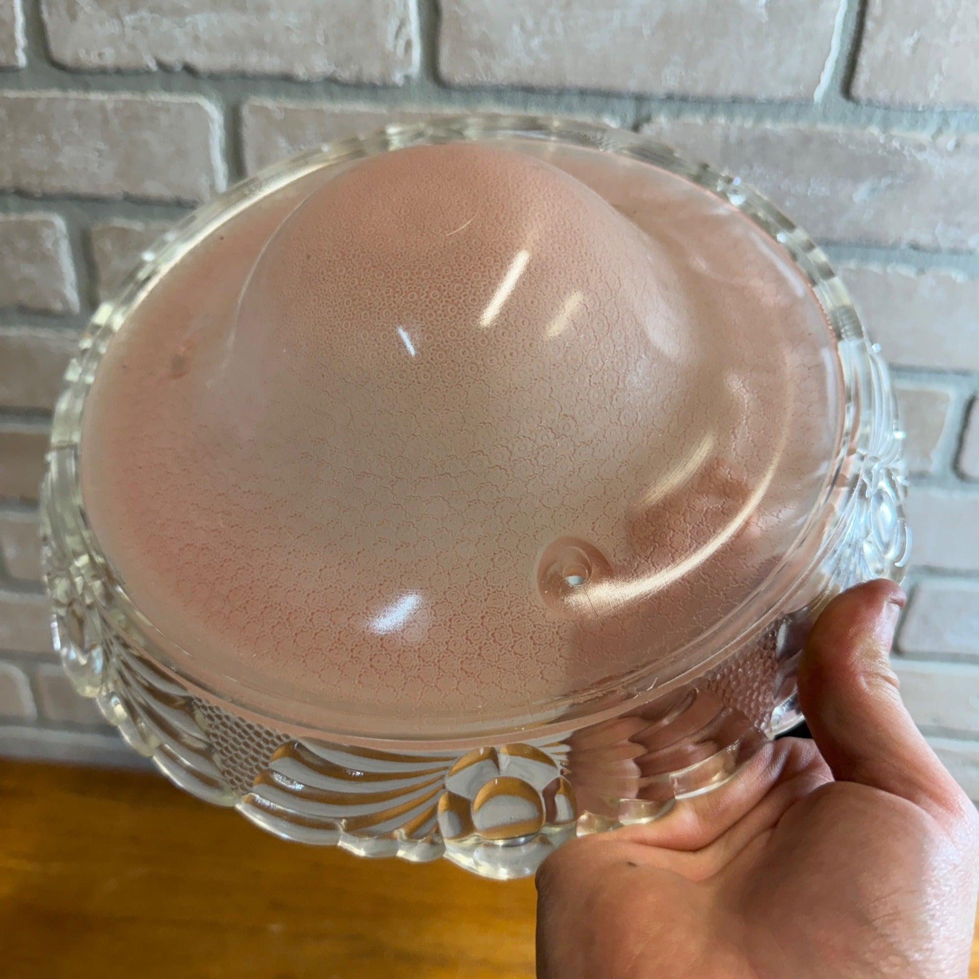 Art Deco Floral Pastel Pink Ceiling Light Shade Clear Drape Glass 3 Chain MCM