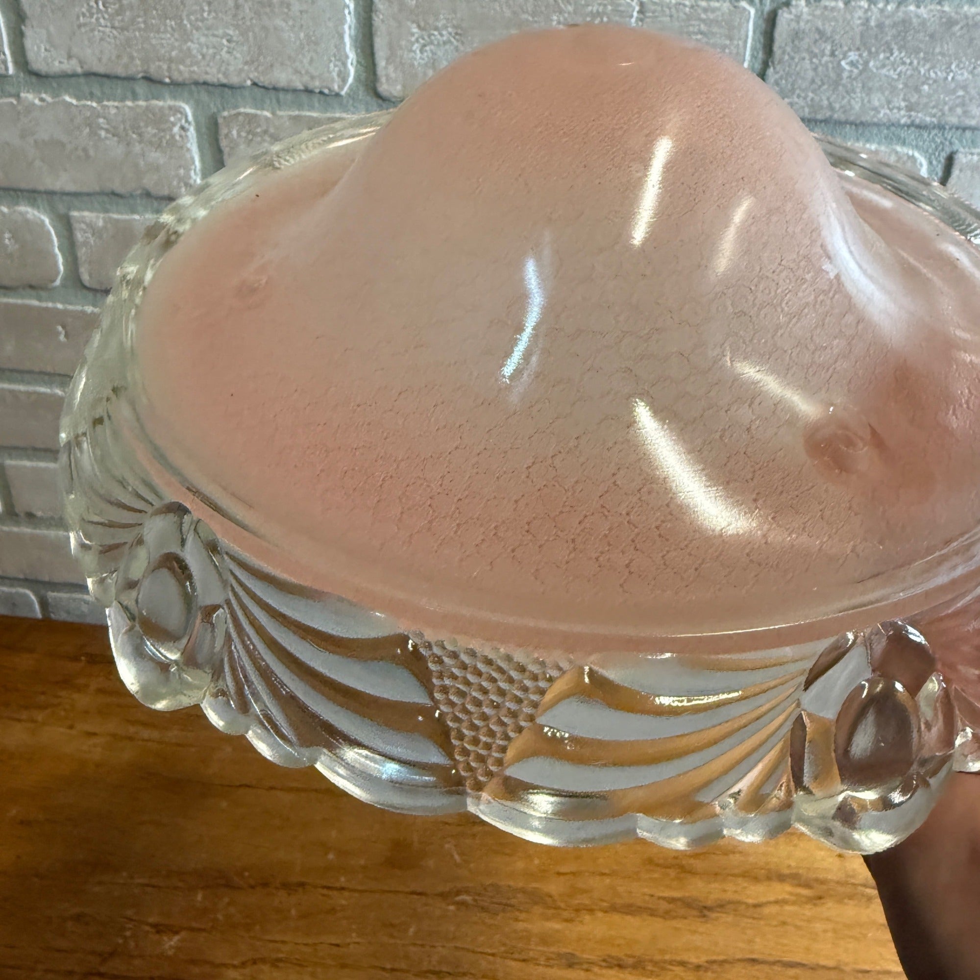 Art Deco Floral Pastel Pink Ceiling Light Shade Clear Drape Glass 3 Chain MCM