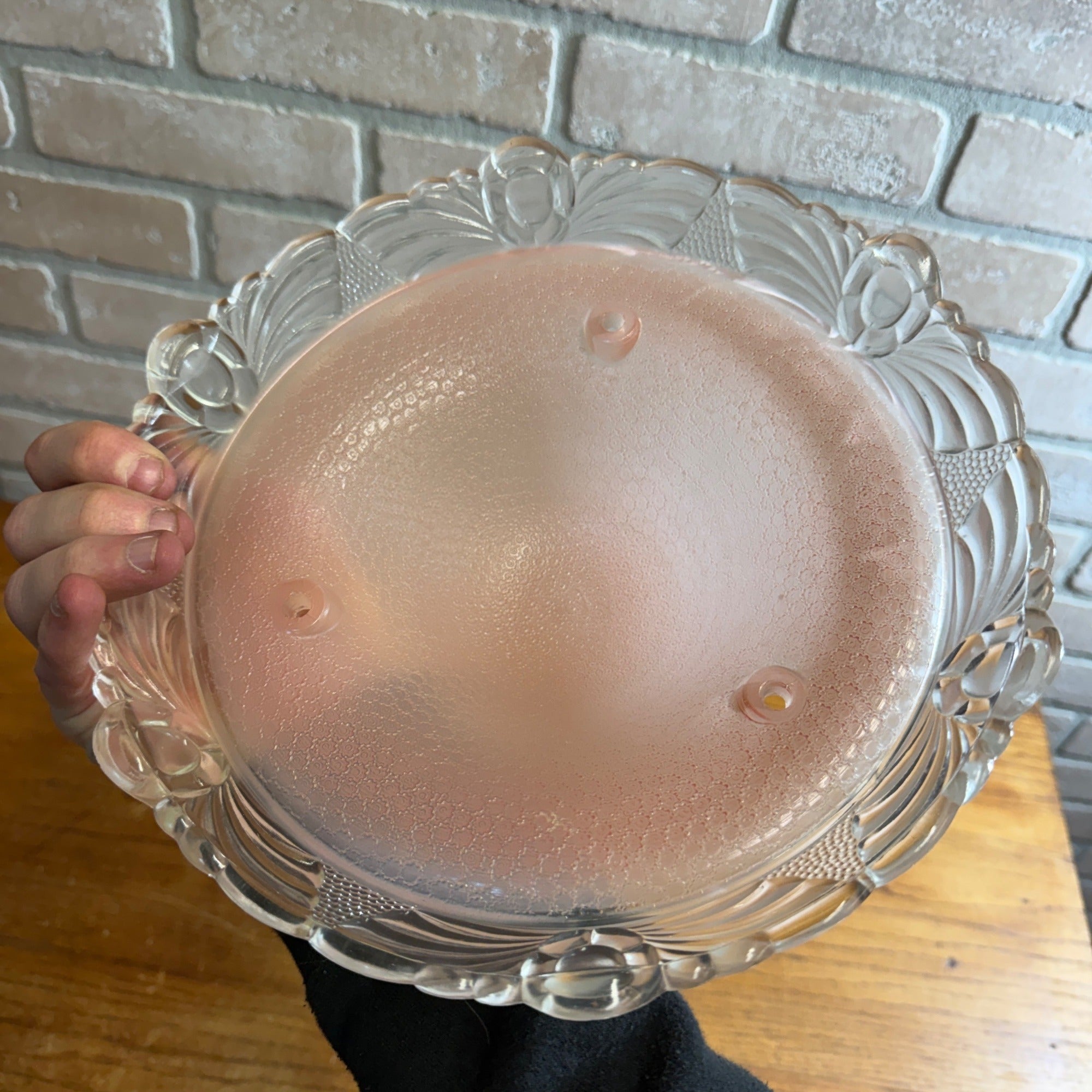 Art Deco Floral Pastel Pink Ceiling Light Shade Clear Drape Glass 3 Chain MCM