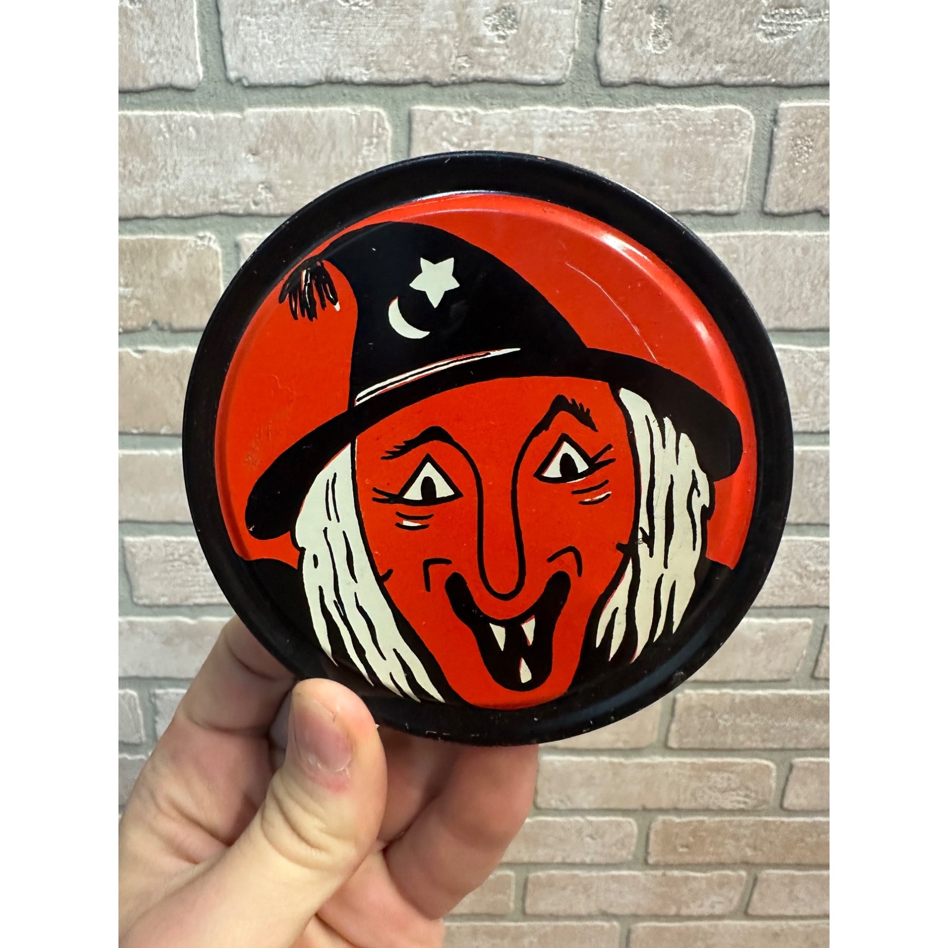 Vintage 1950s Halloween Witch Tin Litho Noisemaker Kirchhof 4"