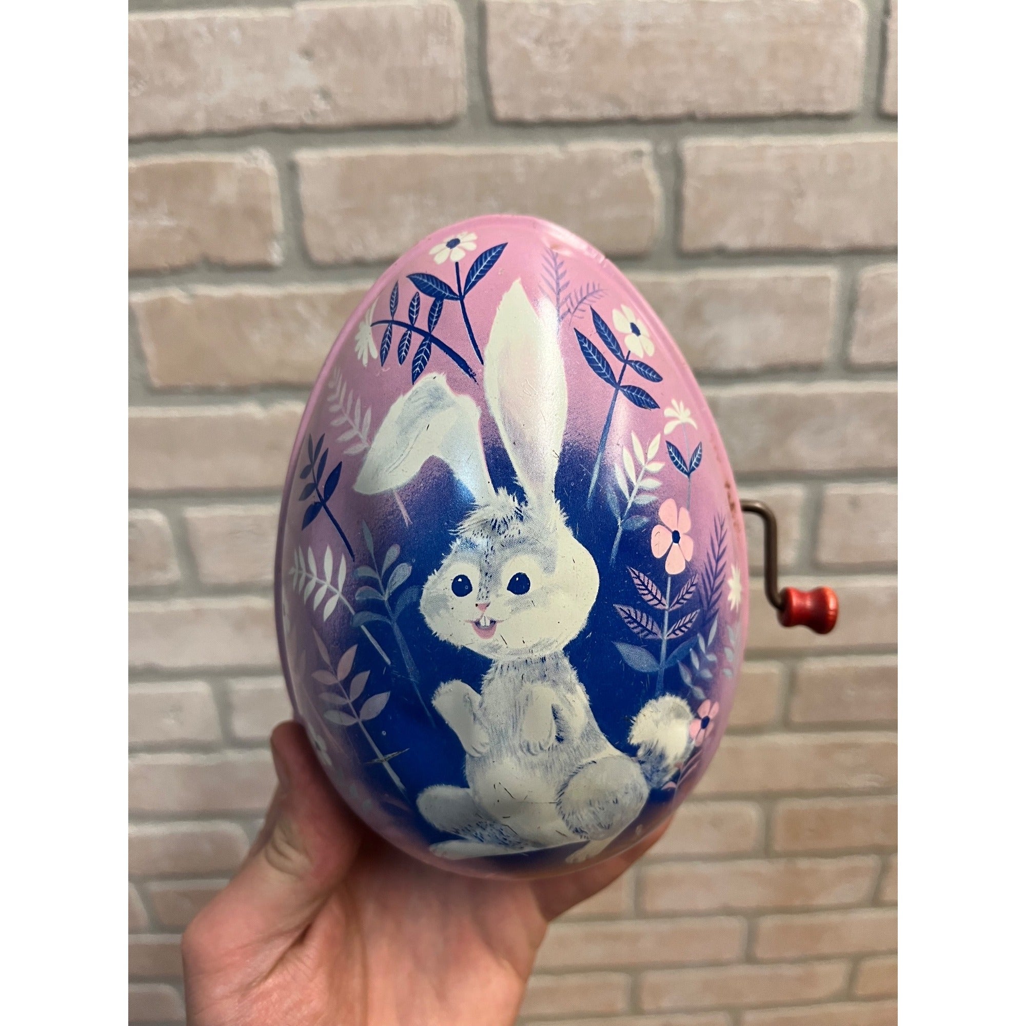 Vintage 1950s Mattel Wind Up Tin Easter Bunny Egg Purple Hand Crank - Works