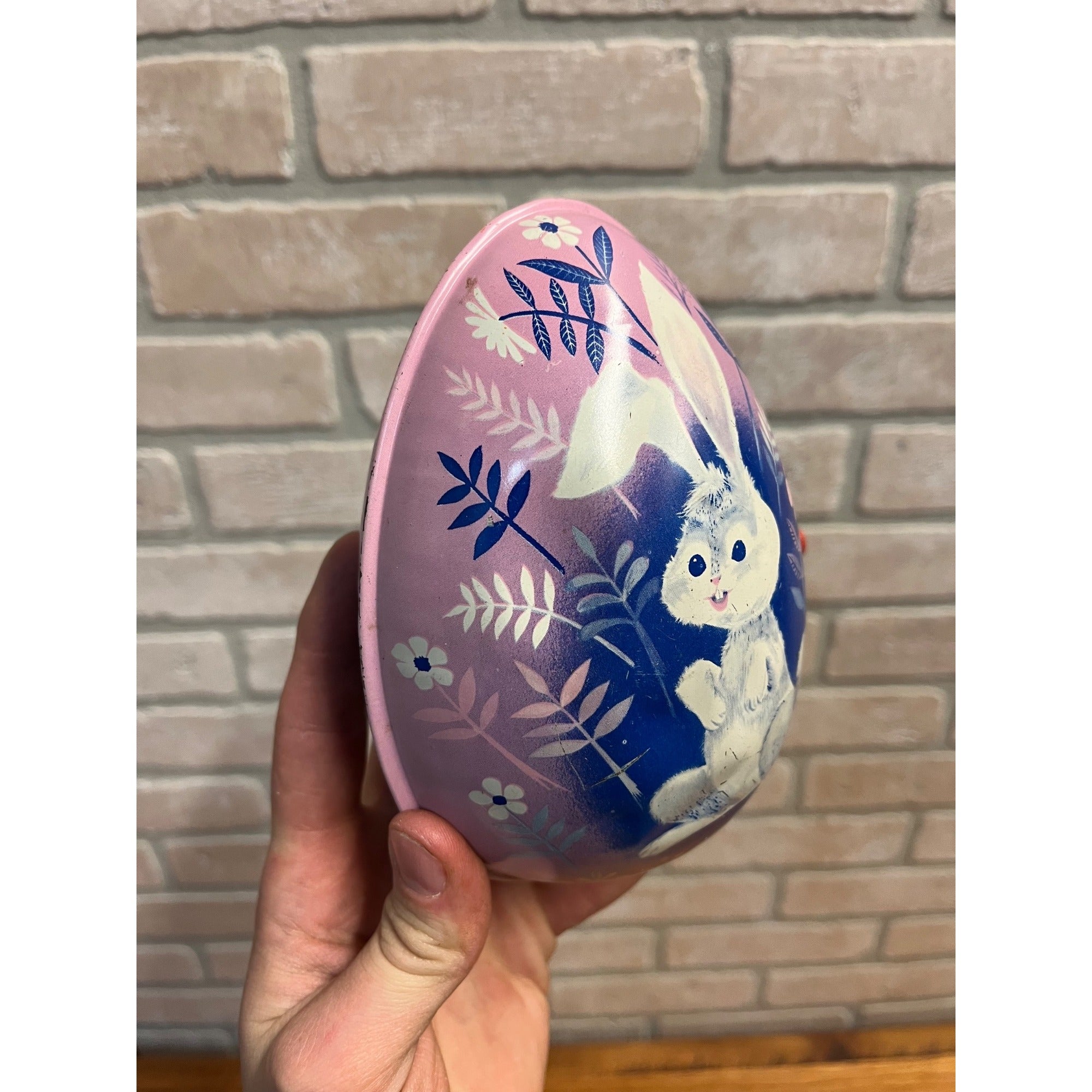 Vintage 1950s Mattel Wind Up Tin Easter Bunny Egg Purple Hand Crank - Works