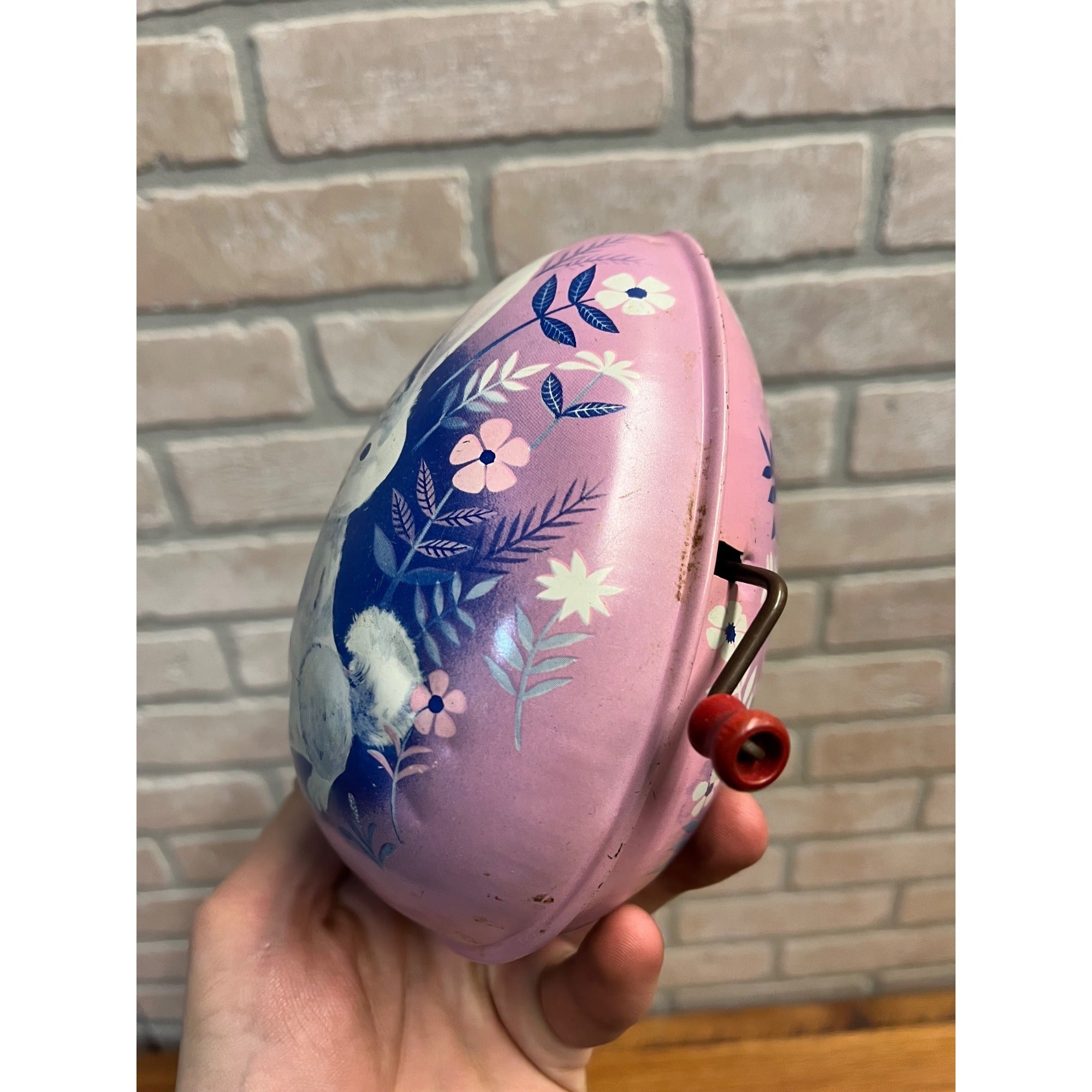 Vintage 1950s Mattel Wind Up Tin Easter Bunny Egg Purple Hand Crank - Works