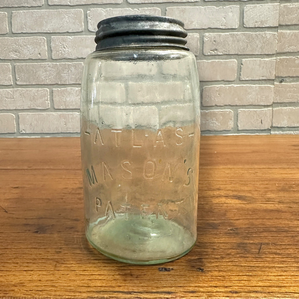 Antique ATLAS MASON’S PATENT Aqua Green Glass Quart Jar Zinc Cap Bubbles