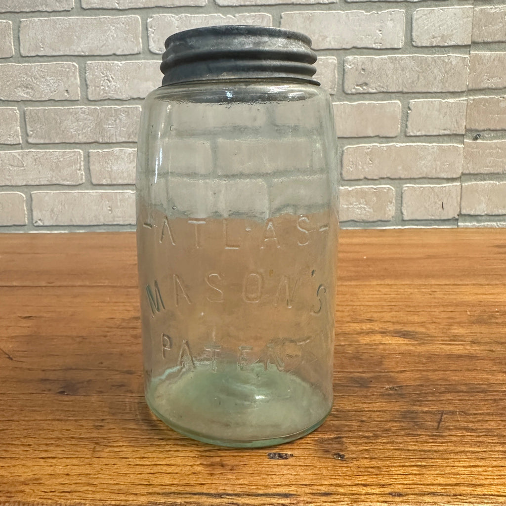 Antique ATLAS MASON’S PATENT Aqua Green Glass Quart Jar Zinc Cap Bubbles