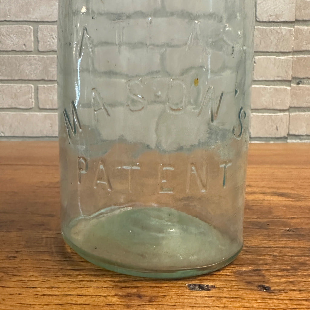 Antique ATLAS MASON’S PATENT Aqua Green Glass Quart Jar Zinc Cap Bubbles