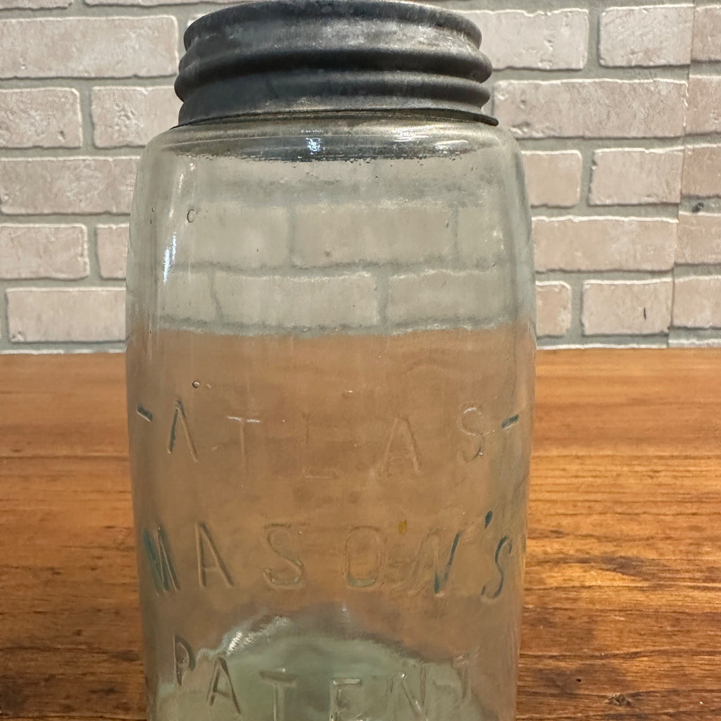 Antique ATLAS MASON’S PATENT Aqua Green Glass Quart Jar Zinc Cap Bubbles