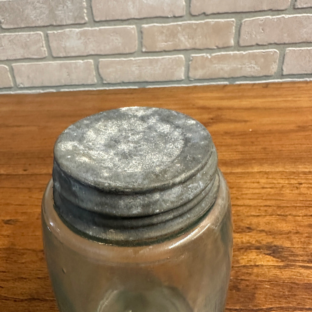 Antique ATLAS MASON’S PATENT Aqua Green Glass Quart Jar Zinc Cap Bubbles