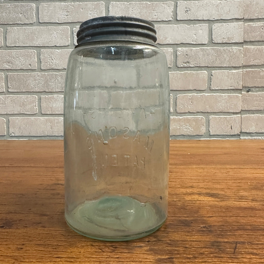 Antique ATLAS MASON’S PATENT Aqua Green Glass Quart Jar Zinc Cap Bubbles