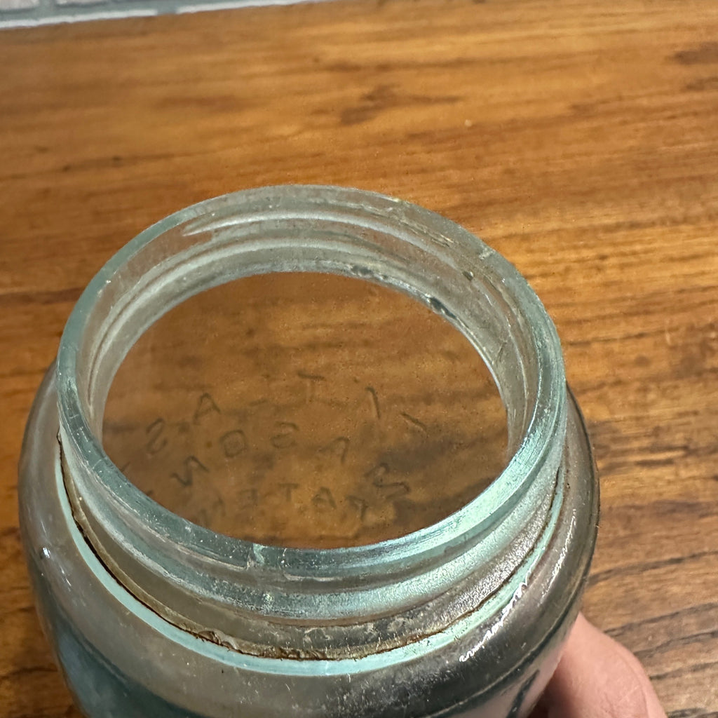 Antique ATLAS MASON’S PATENT Aqua Green Glass Quart Jar Zinc Cap Bubbles