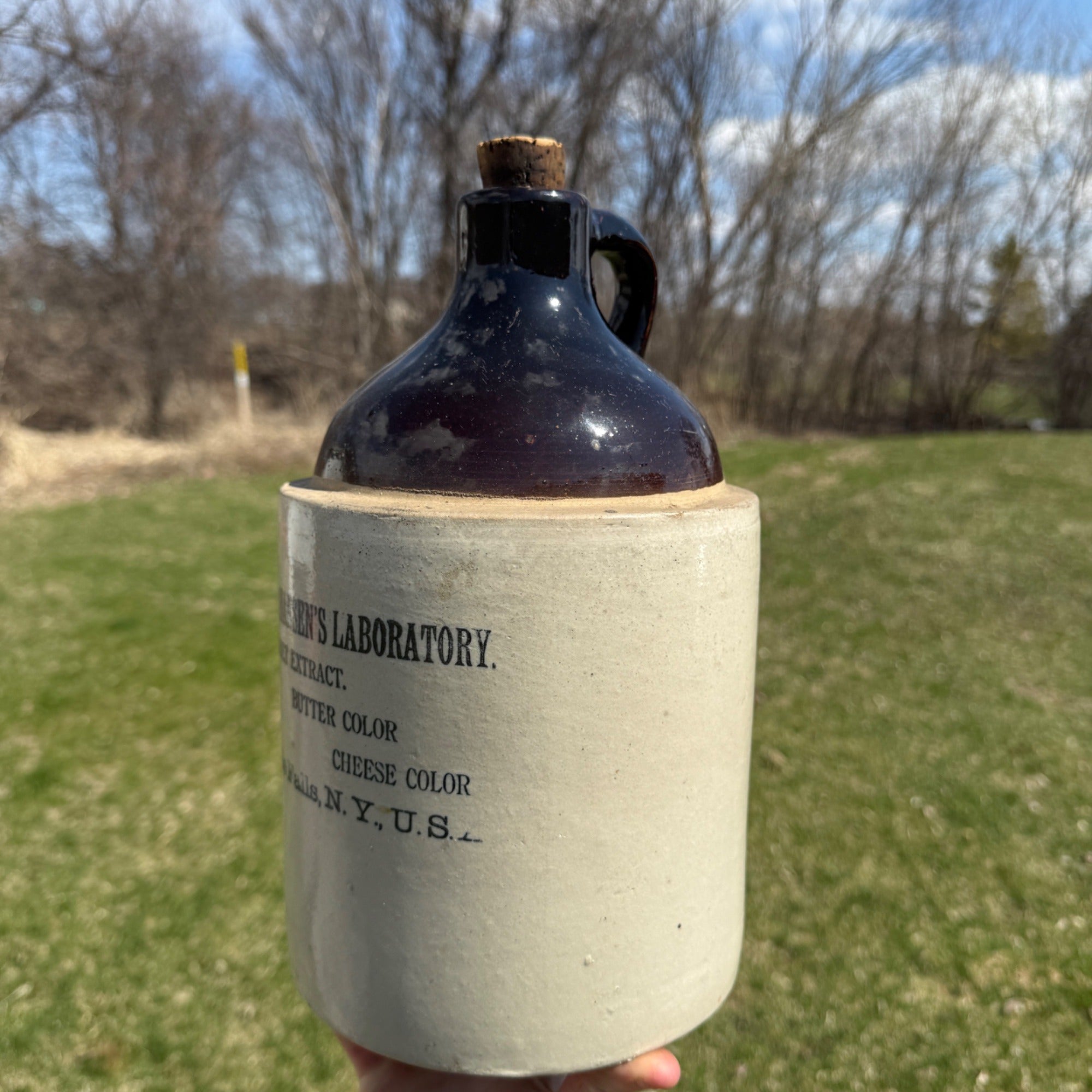 Antique Hansen's Lab Stoneware Crock Jug Cheese Rennet Extract Little Falls NY