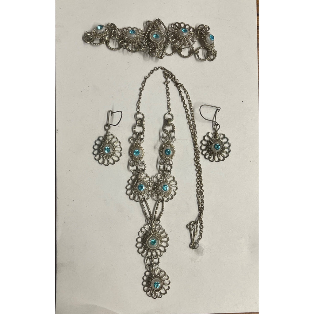 Antique SS Cannetille & Aqua Rhinestone Set ~Necklace ~ Bracelet ~ Earrings