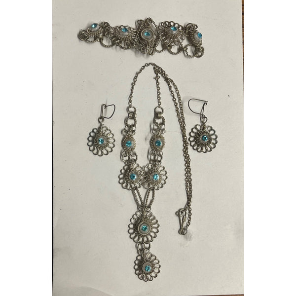 Antique SS Cannetille & Aqua Rhinestone Set ~Necklace ~ Bracelet ~ Earrings