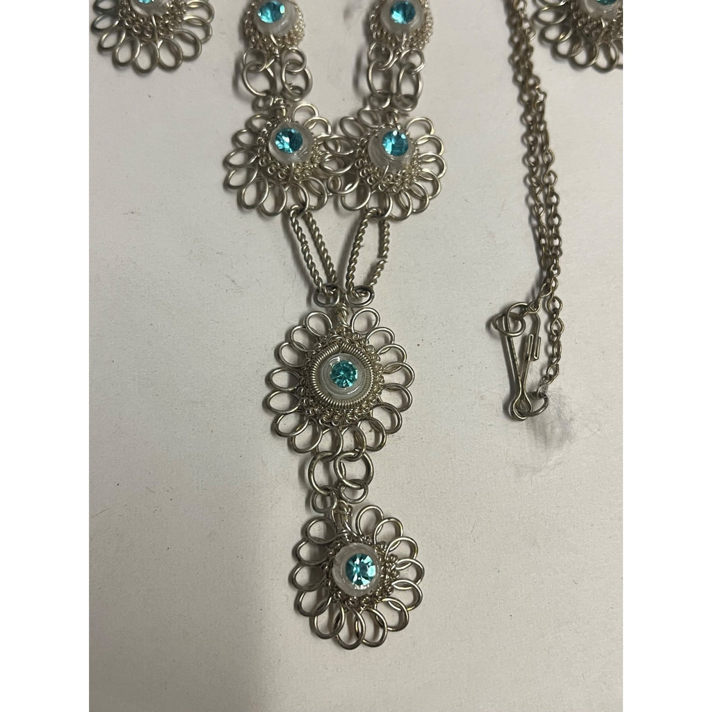 Antique SS Cannetille & Aqua Rhinestone Set ~Necklace ~ Bracelet ~ Earrings