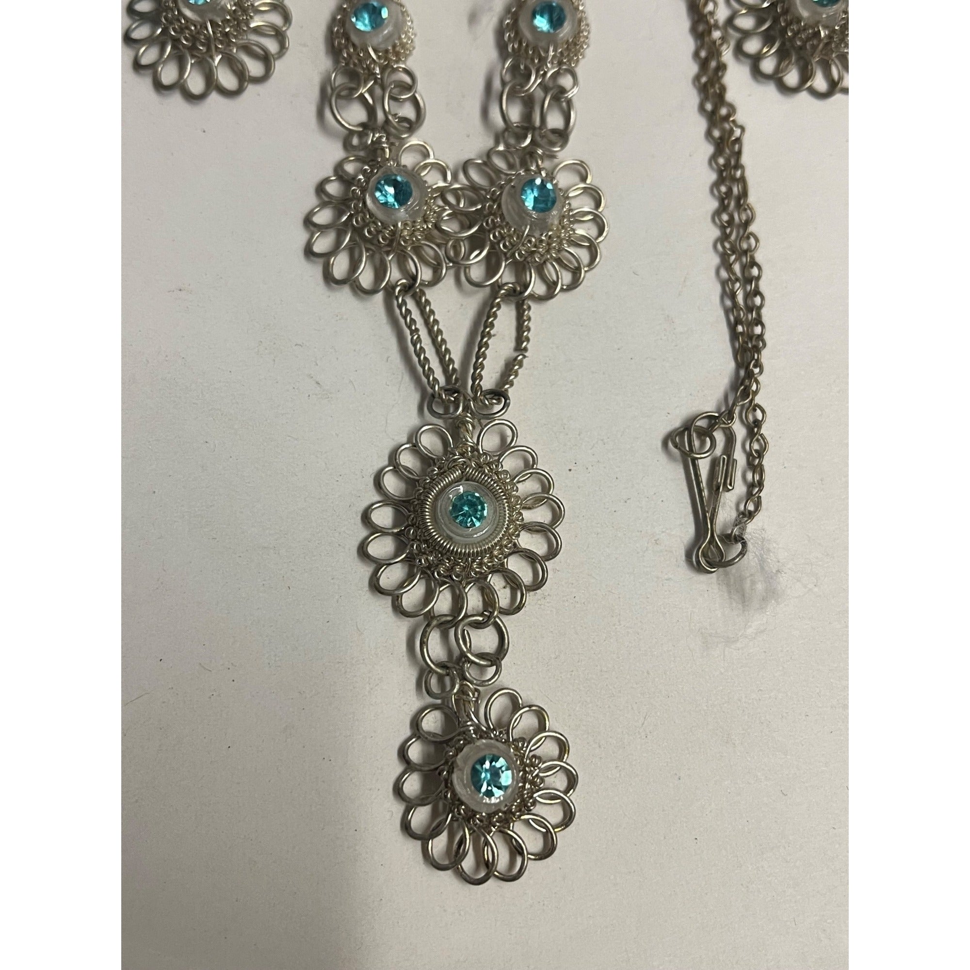 Antique SS Cannetille & Aqua Rhinestone Set ~Necklace ~ Bracelet ~ Earrings