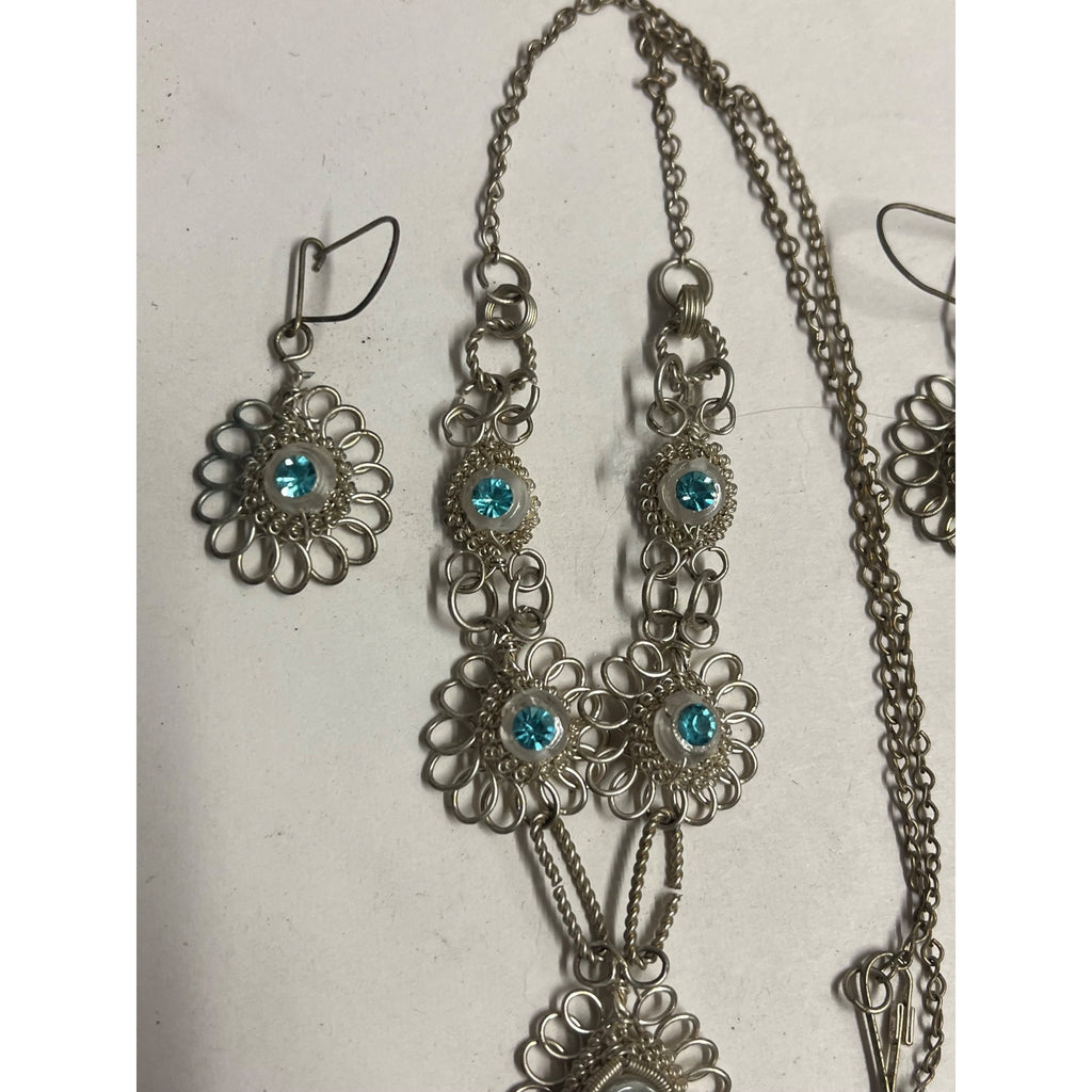 Antique SS Cannetille & Aqua Rhinestone Set ~Necklace ~ Bracelet ~ Earrings