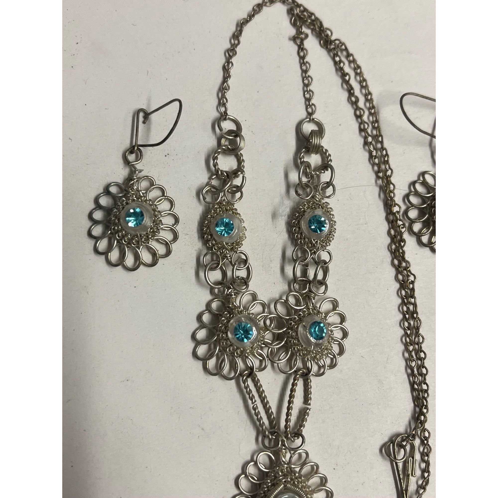 Antique SS Cannetille & Aqua Rhinestone Set ~Necklace ~ Bracelet ~ Earrings