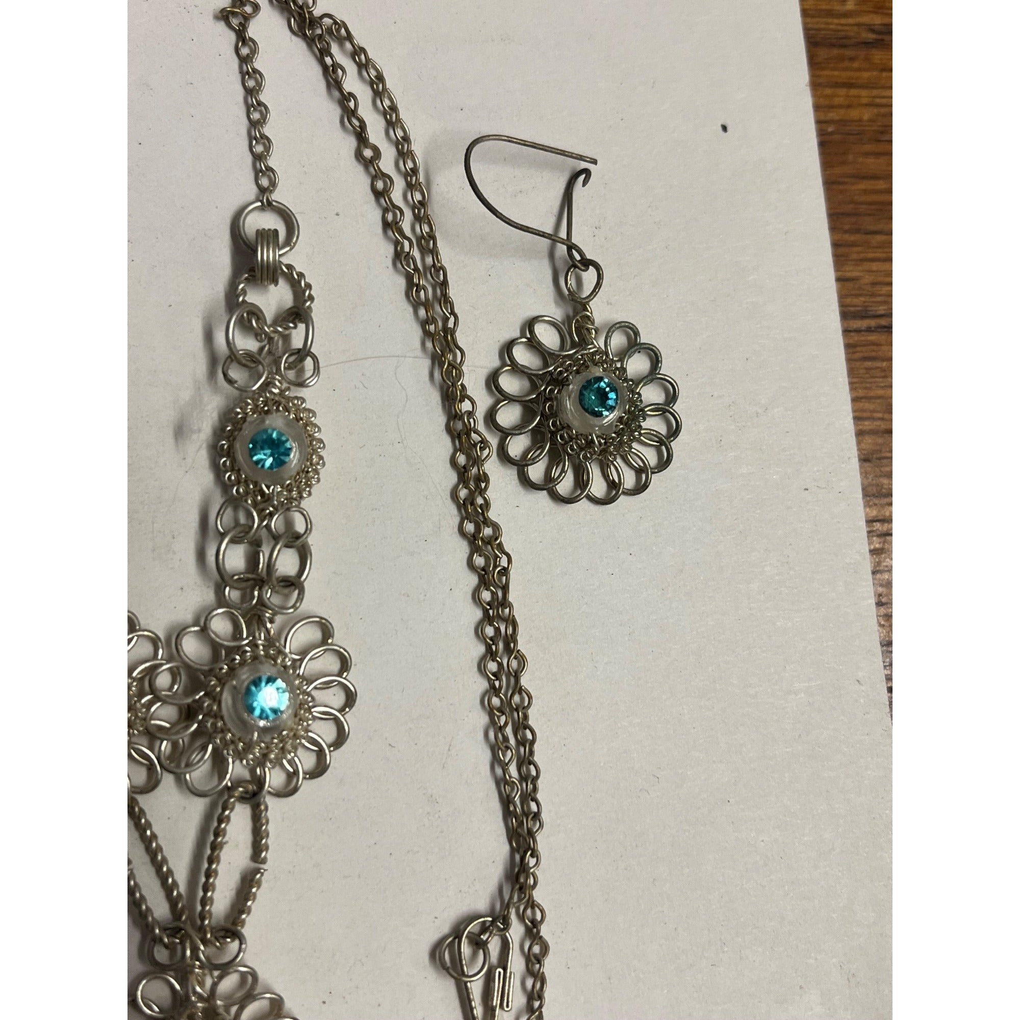 Antique SS Cannetille & Aqua Rhinestone Set ~Necklace ~ Bracelet ~ Earrings