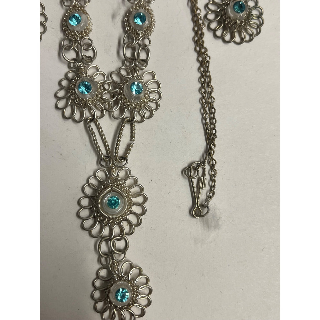 Antique SS Cannetille & Aqua Rhinestone Set ~Necklace ~ Bracelet ~ Earrings