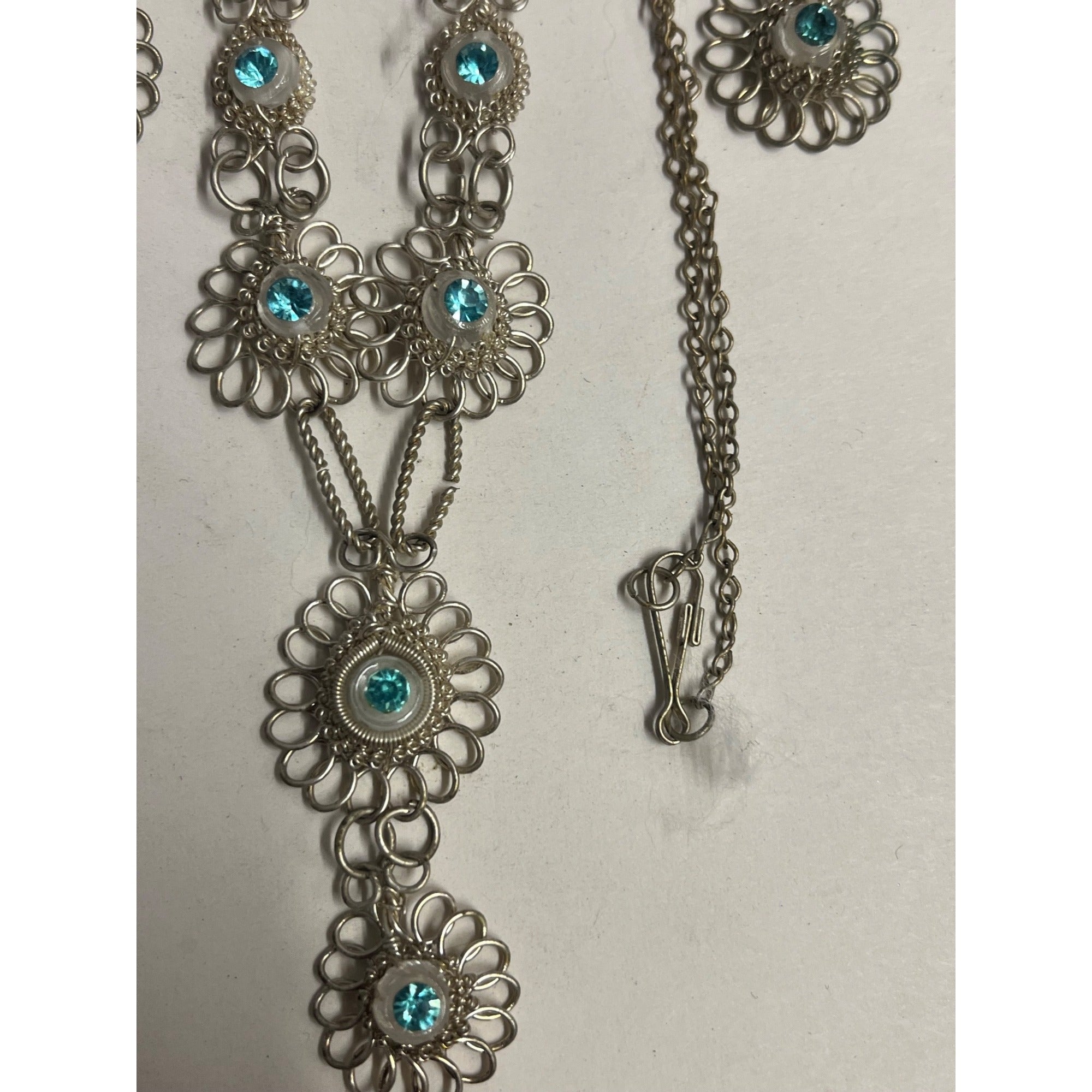 Antique SS Cannetille & Aqua Rhinestone Set ~Necklace ~ Bracelet ~ Earrings