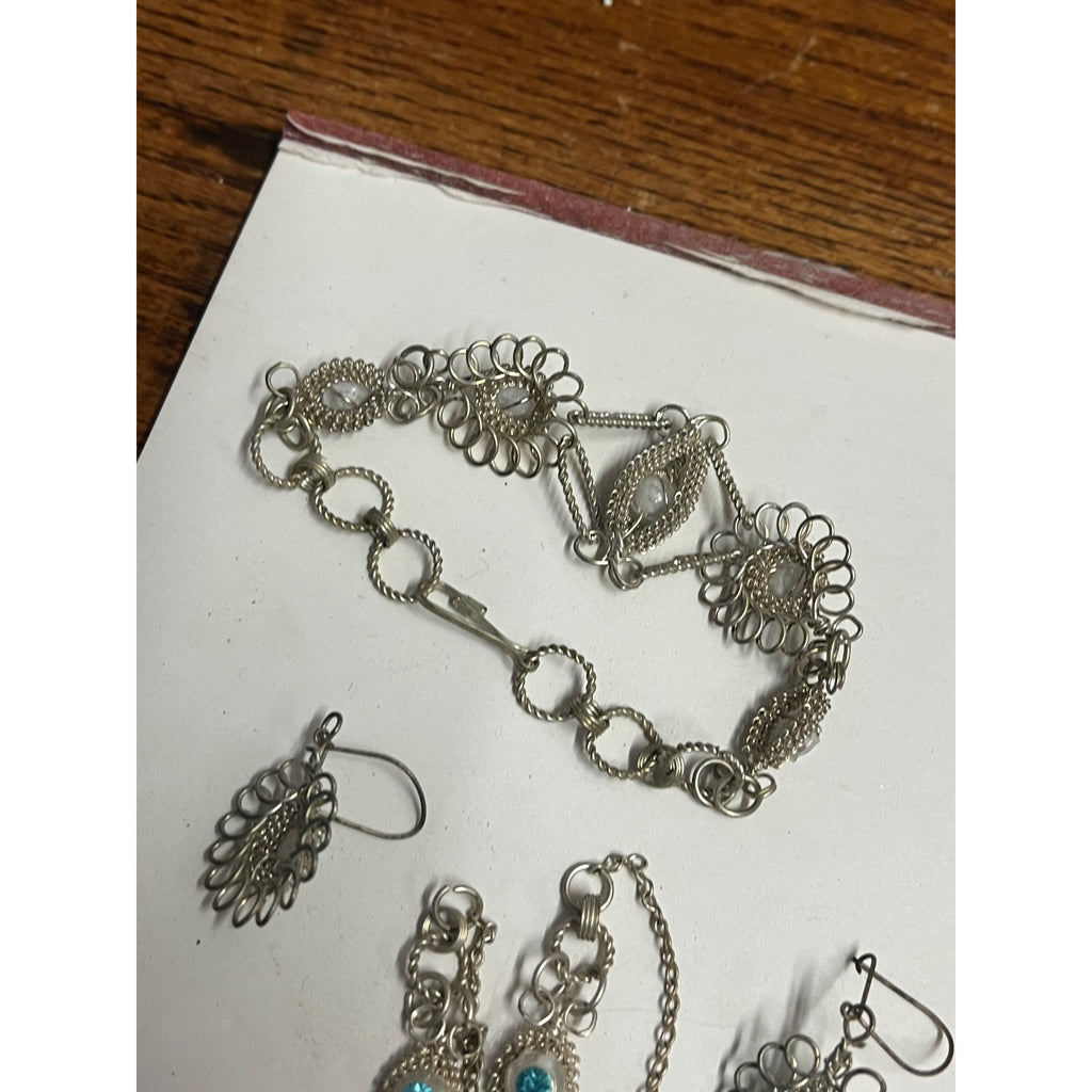 Antique SS Cannetille & Aqua Rhinestone Set ~Necklace ~ Bracelet ~ Earrings
