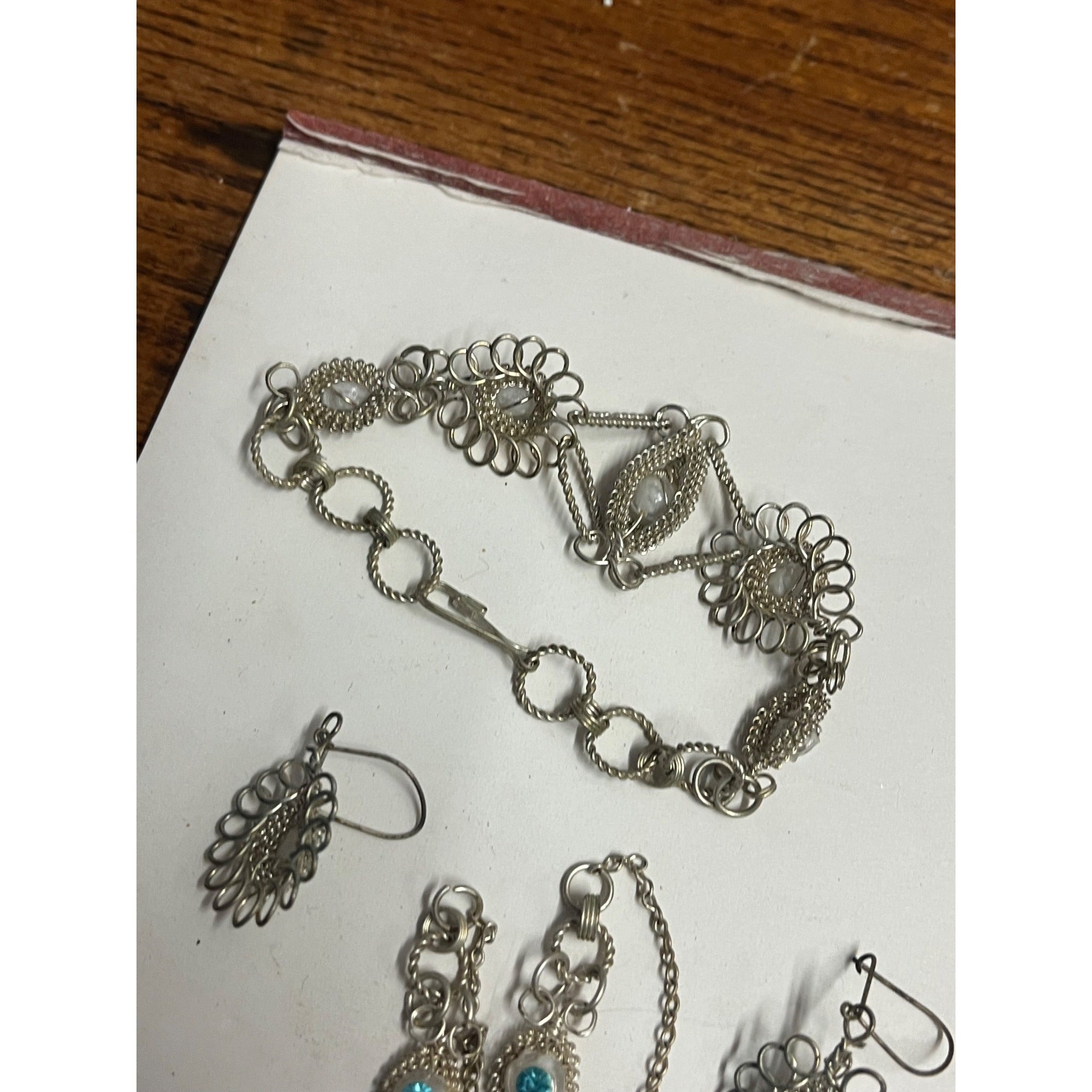 Antique SS Cannetille & Aqua Rhinestone Set ~Necklace ~ Bracelet ~ Earrings