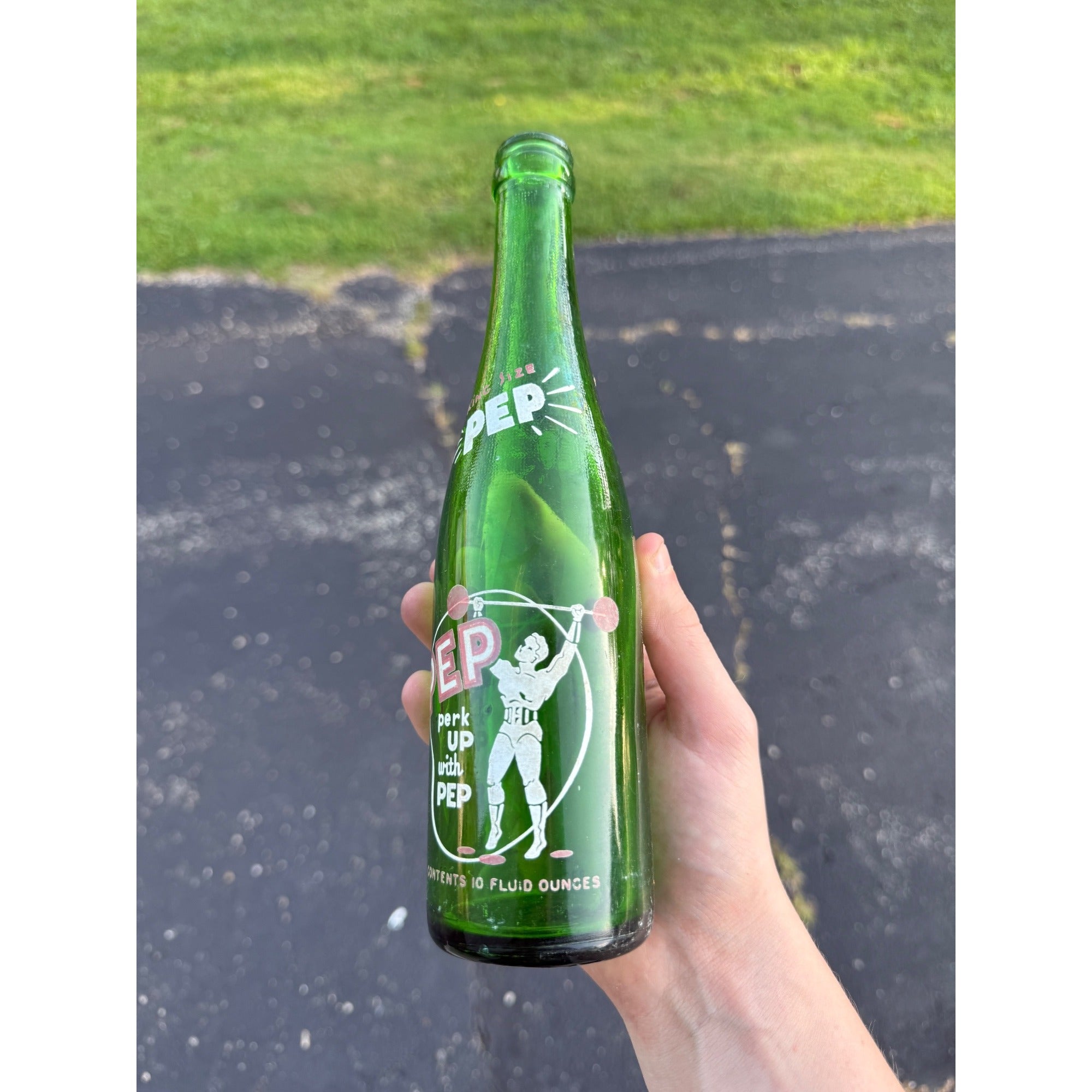 PEP 10 oz. Green ACL Soda Bottle Weight Lifter Body Builder Graphic 1950s King Size