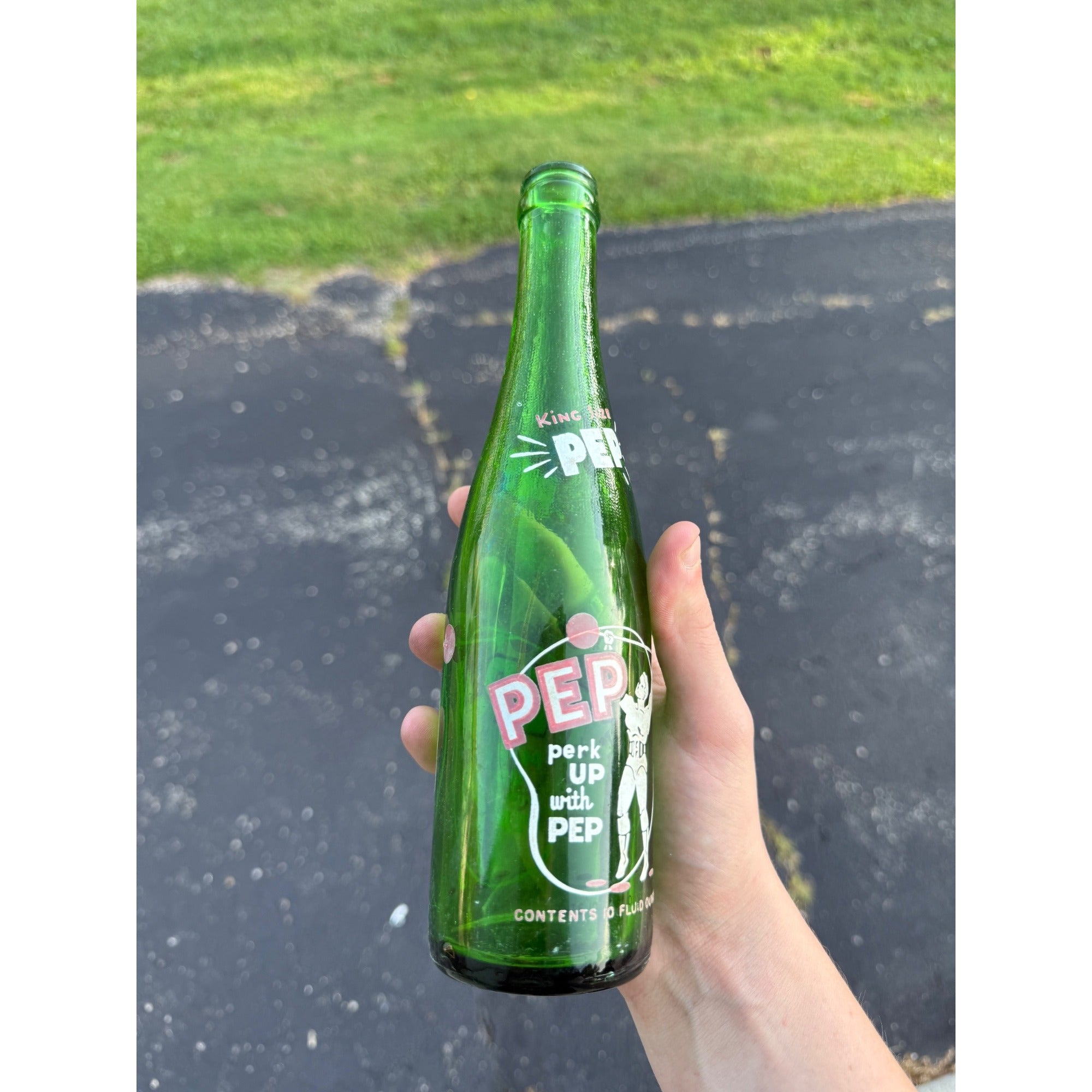 PEP 10 oz. Green ACL Soda Bottle Weight Lifter Body Builder Graphic 1950s King Size