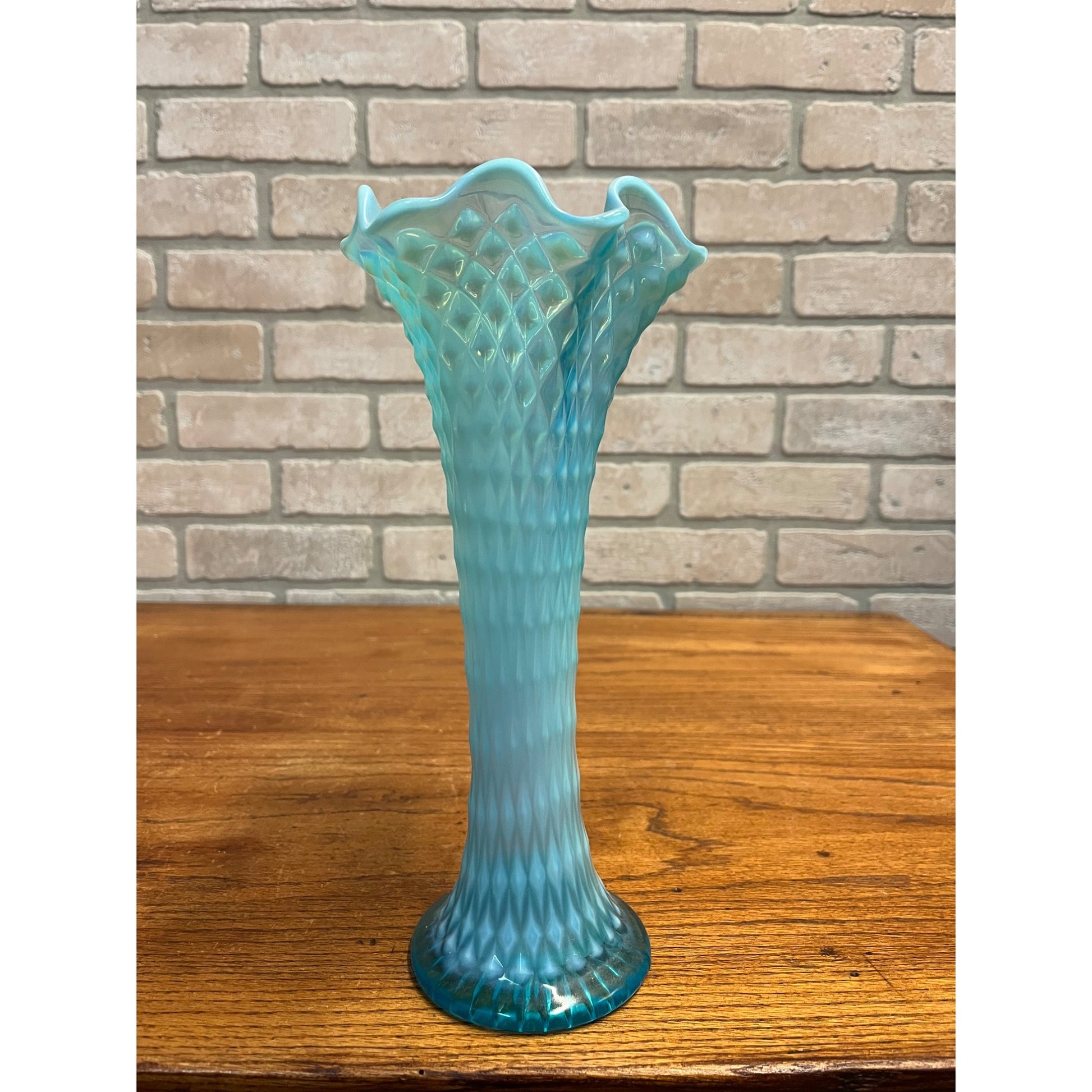 Vintage EAPG Northwood Glass Blue Opalescent Diamond Point 11" Swung Vase