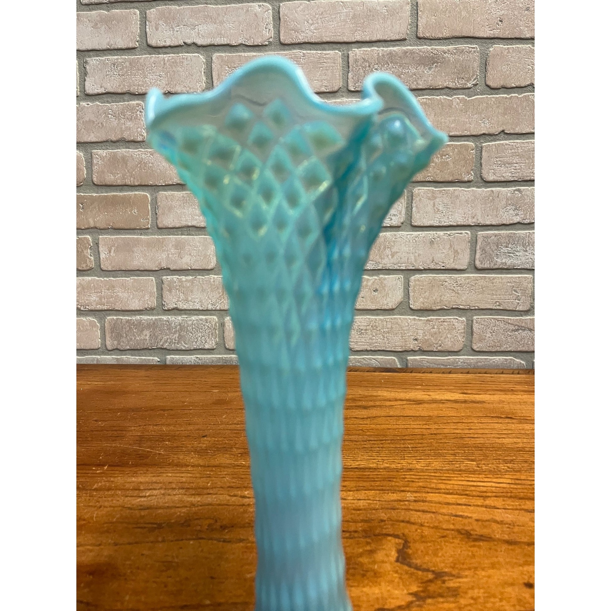 Vintage EAPG Northwood Glass Blue Opalescent Diamond Point 11" Swung Vase