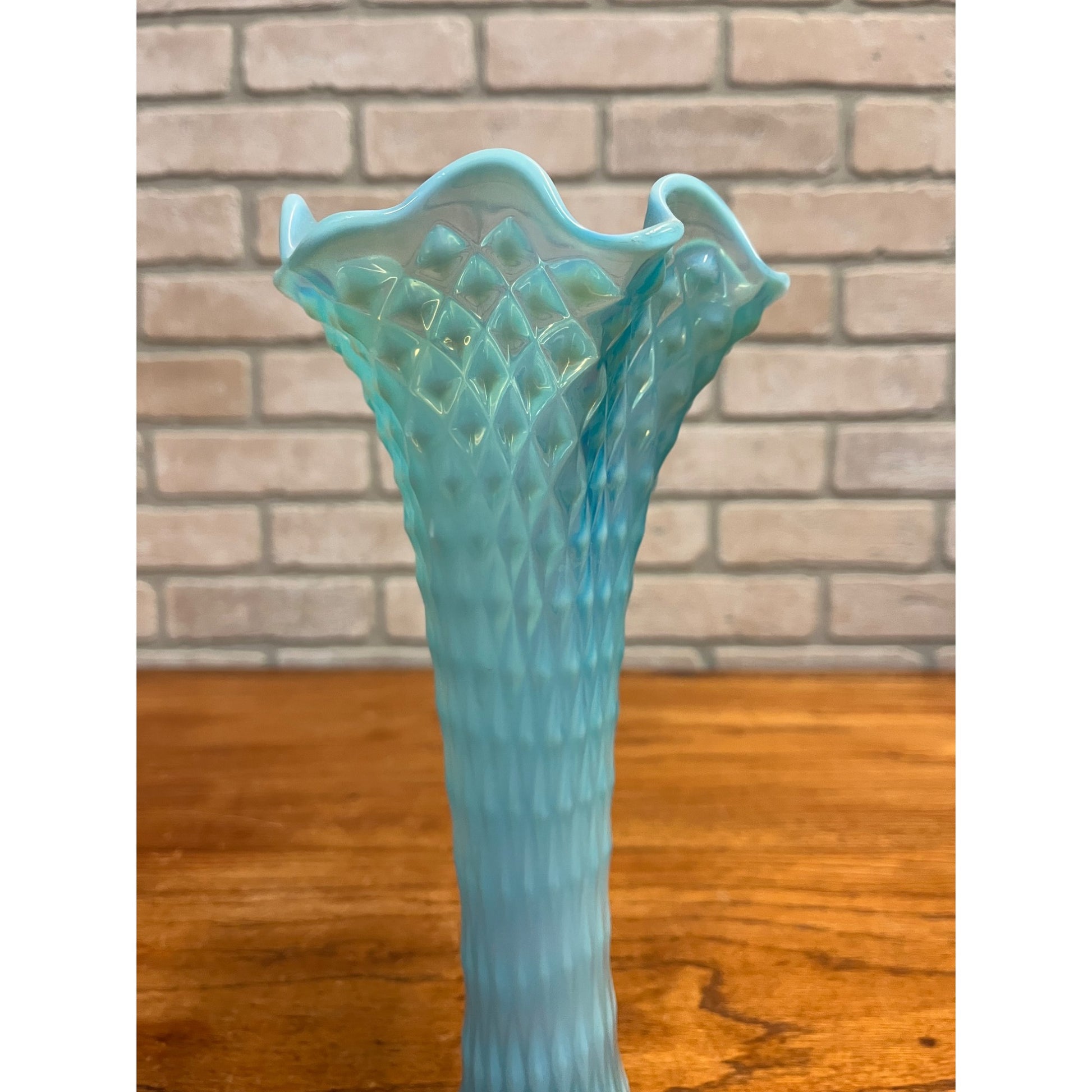 Vintage EAPG Northwood Glass Blue Opalescent Diamond Point 11" Swung Vase
