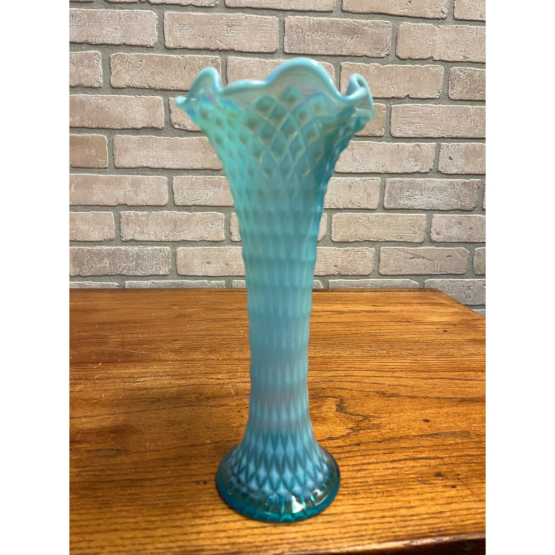 Vintage EAPG Northwood Glass Blue Opalescent Diamond Point 11" Swung Vase
