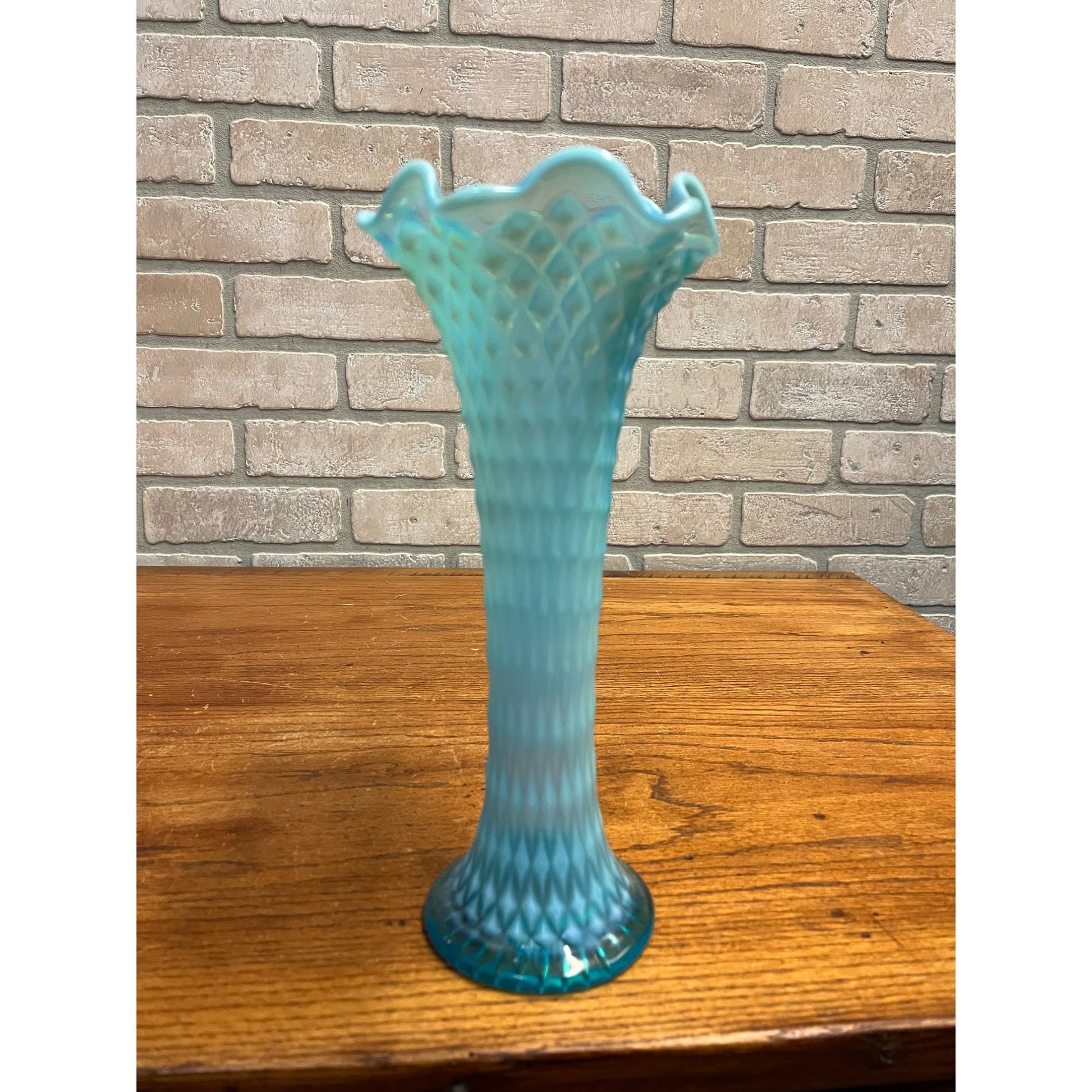 Vintage EAPG Northwood Glass Blue Opalescent Diamond Point 11" Swung Vase