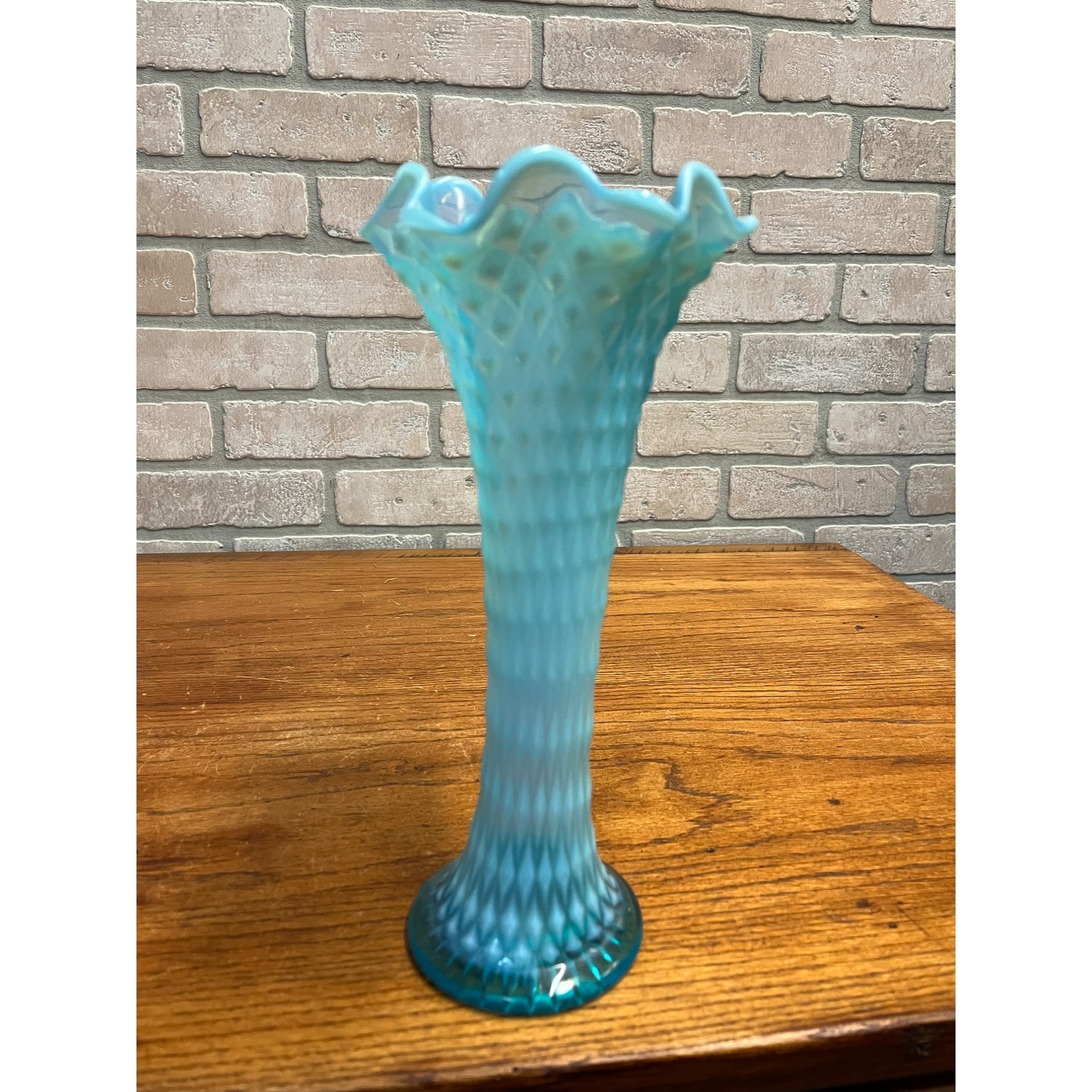 Vintage EAPG Northwood Glass Blue Opalescent Diamond Point 11" Swung Vase