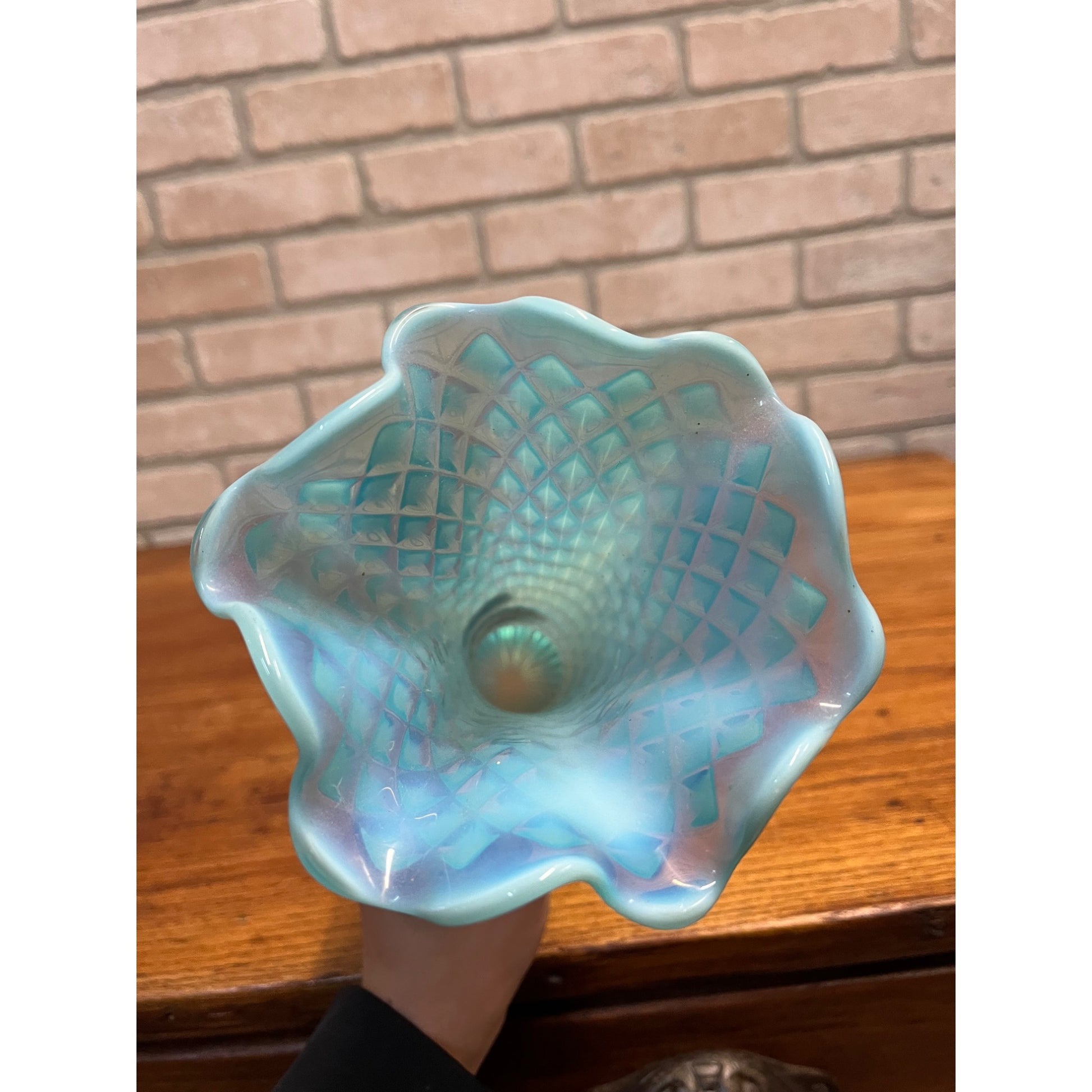 Vintage EAPG Northwood Glass Blue Opalescent Diamond Point 11" Swung Vase