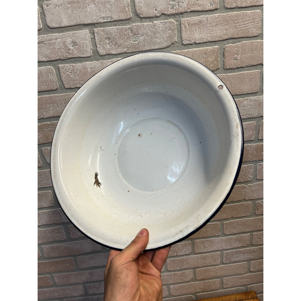 Antique Enamelware White Wash Bowl Blue Rim 13.5" x 3.25"