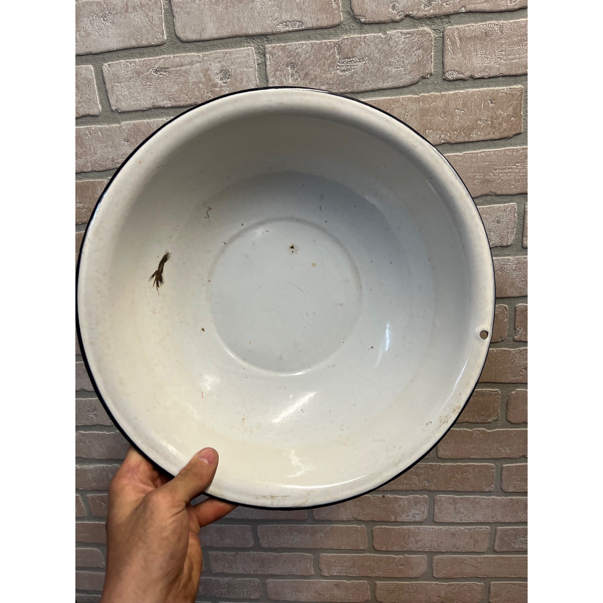Antique Enamelware White Wash Bowl Blue Rim 13.5" x 3.25"