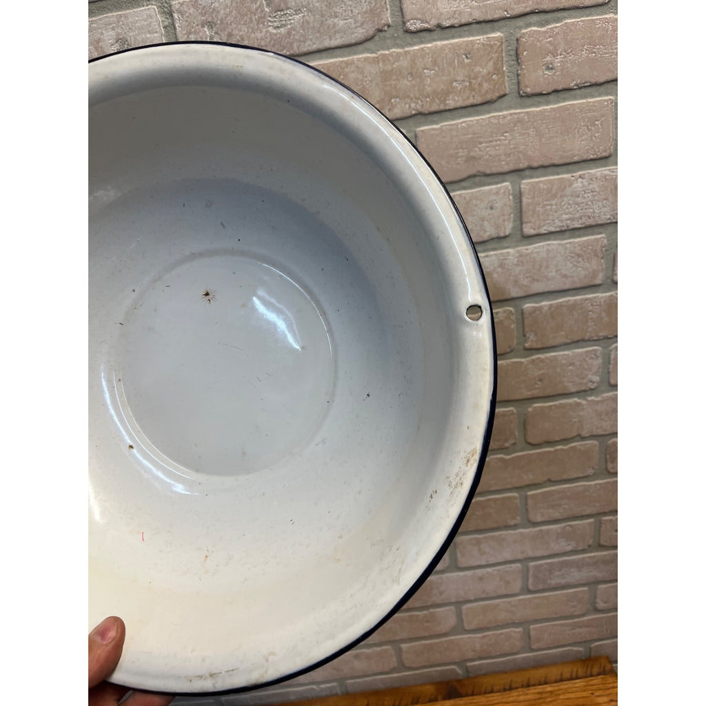 Antique Enamelware White Wash Bowl Blue Rim 13.5" x 3.25"