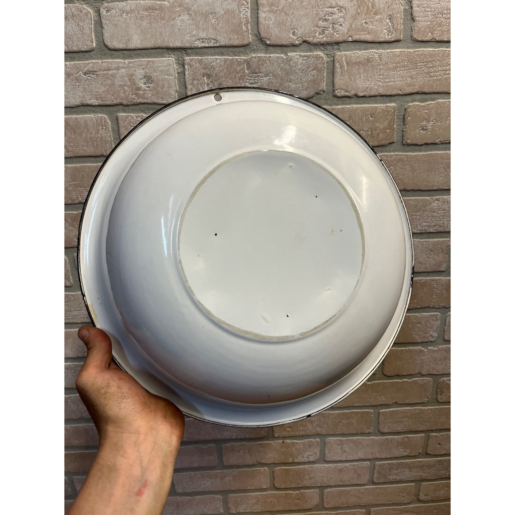 Antique Enamelware White Wash Bowl Blue Rim 13.5" x 3.25"