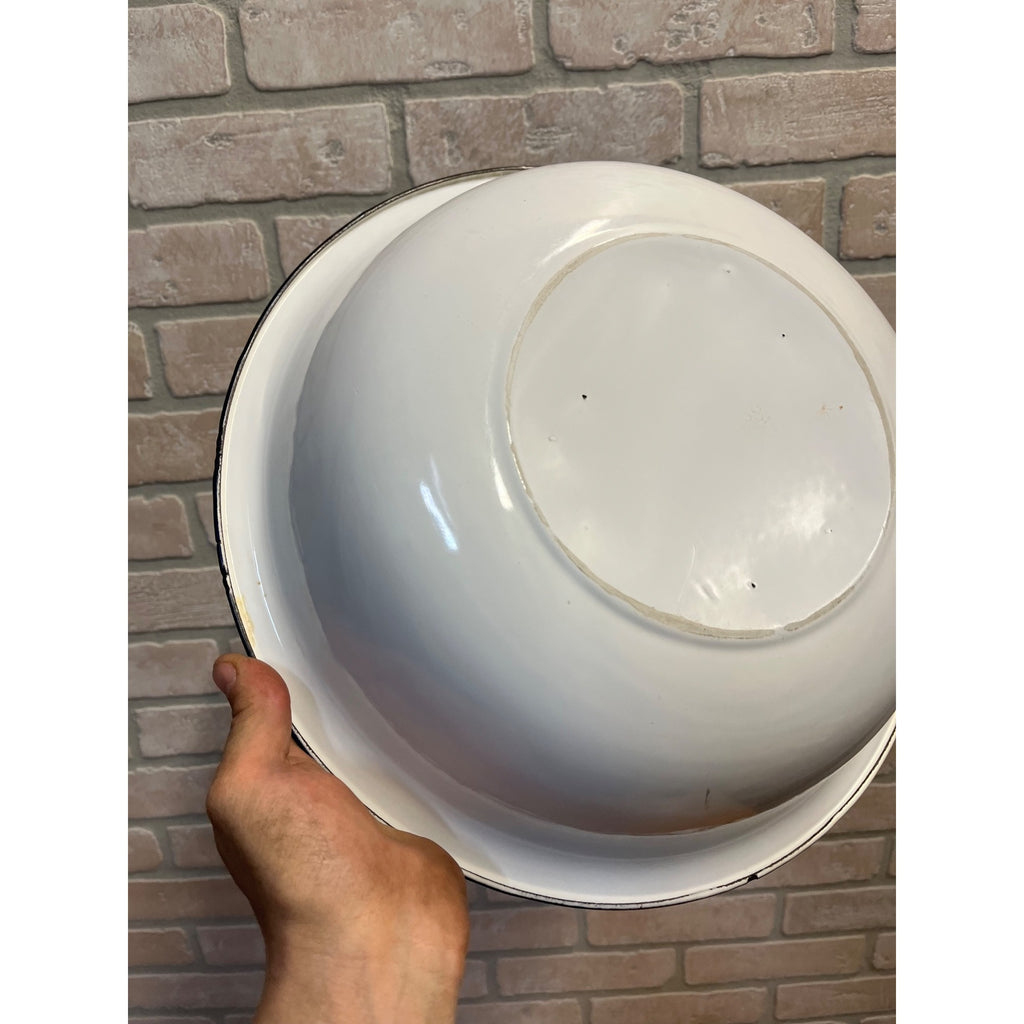 Antique Enamelware White Wash Bowl Blue Rim 13.5" x 3.25"