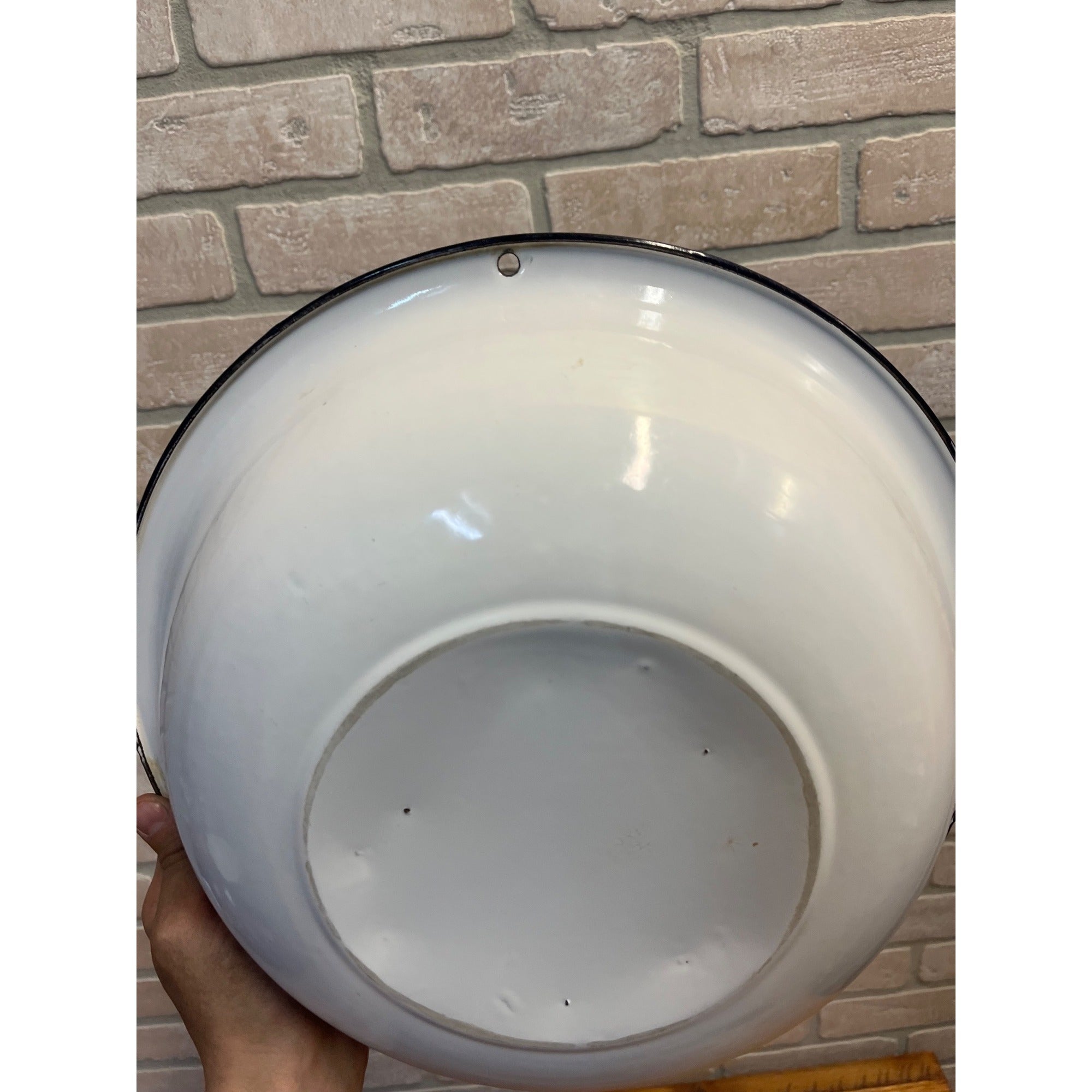 Antique Enamelware White Wash Bowl Blue Rim 13.5" x 3.25"